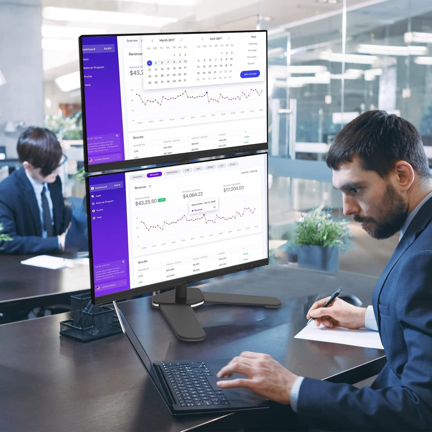 Suptek Dual LED LCD Monitor Stand up Free-Standing Desk Mount for 2 / Two Screens up to 27 inch Extra Tall 31.5 inch Pole Heavy Duty Fully Adjustable Stand Vertical Array (ML6802)
