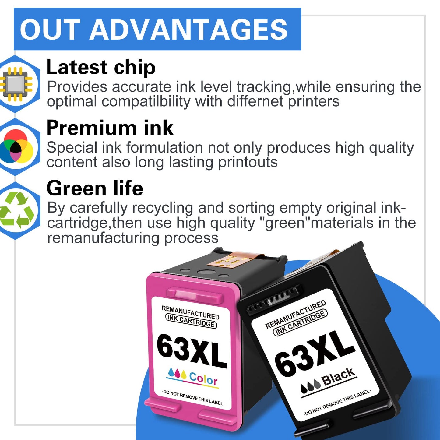 Jonity Remanufactured 63XL Ink Cartridge Replacement for HP 63 HP63 XL Combo Pack Work with Envy 4520 3634 OfficeJet 3830 5252 4650 5258 5255 DeskJet 3636 3630 1112 3637 Printer (1 Black 1 Color)