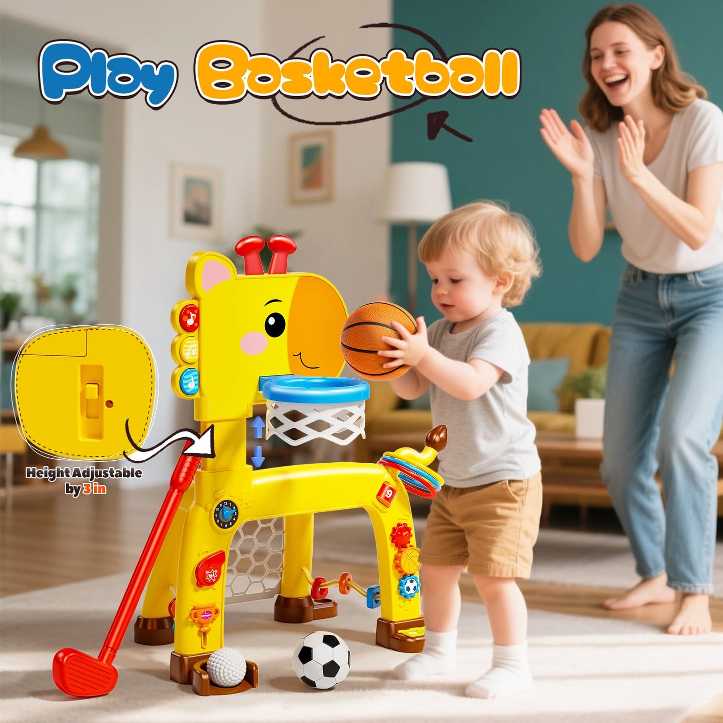 4-in-1 Toddler Basketball Hoop, Soccer Goal, Golf Toy & Ring Toss Game with Lights and Music, Kids Sports Activity Center Gifts for Boys and Girls Ages 1-3