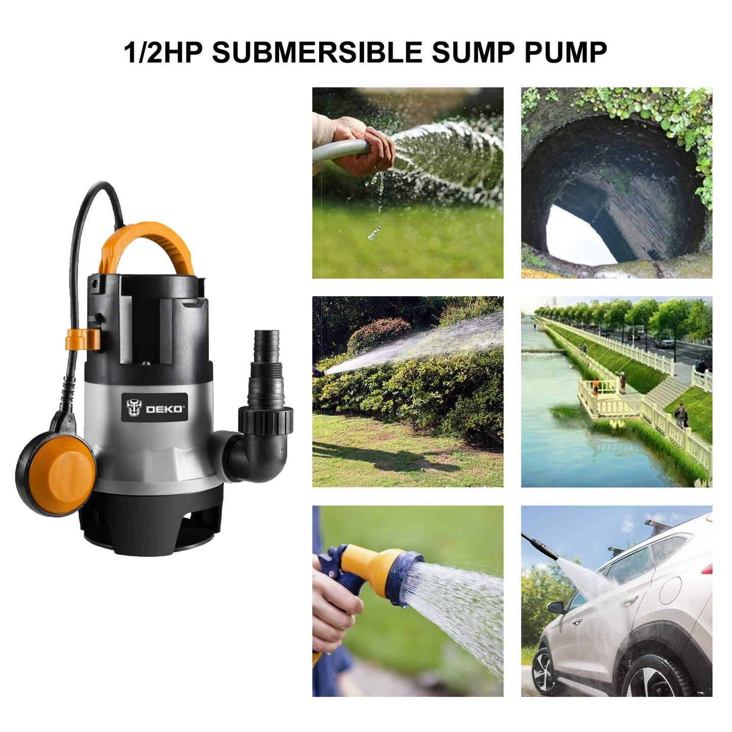 DEKOPRO 1/2HP 400W Sump Pump 1981GPH Submersible Pump Water Pump Long 16ft Cable and Swimming Pool Garden Tub Pond Flood Drain w/Float Switch