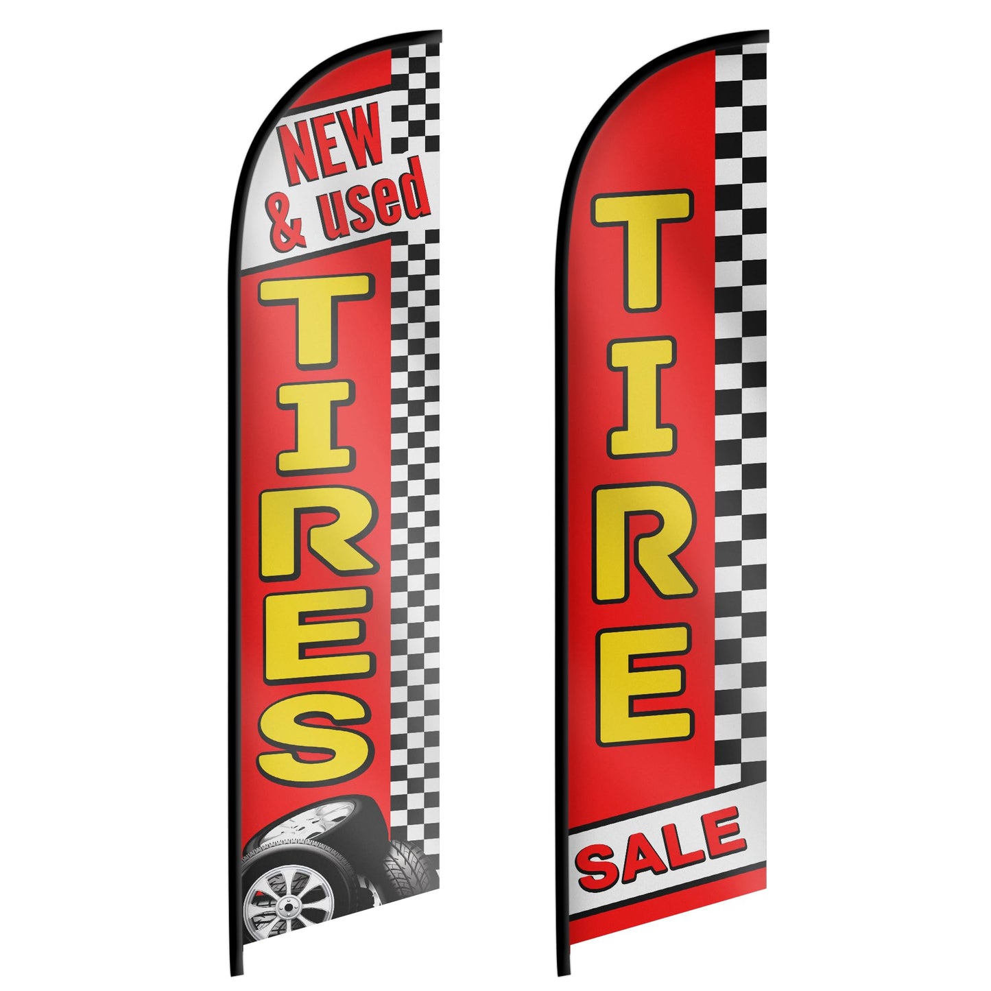 New and Used Tires Sale Feather Flag - Tire for Sale Business Banner - Used Tires for Sale Swooper Flag Set of Two Advertising Flags 12ft x 2.5ft (Pole not included)