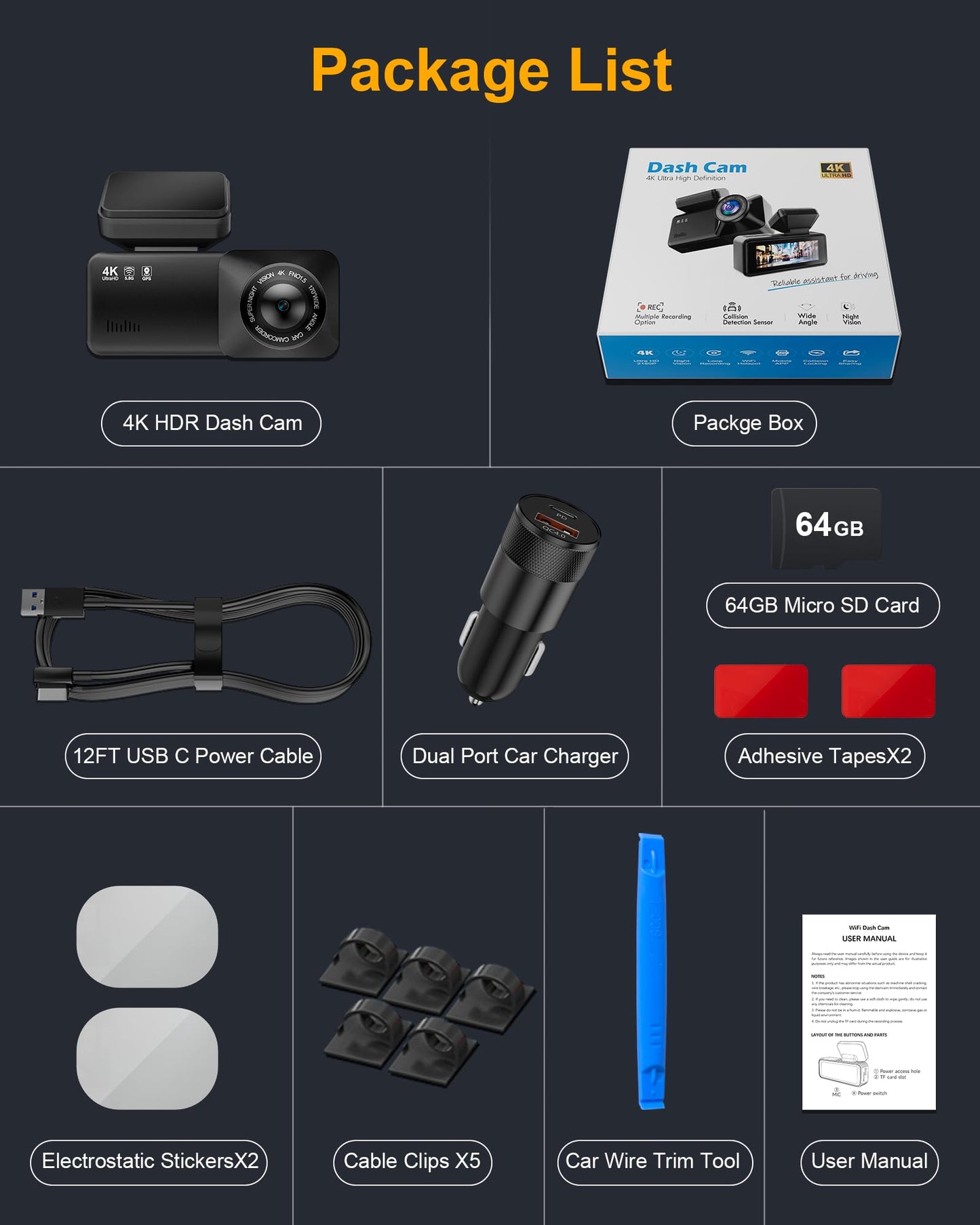 Dash Cam 4K Ultra HD, Front Dash Camera for Cars Built-in GPS, 5.8GHz WiFi, APP Control, 3.2" IPS Screen, Night Vision, Wide Angle, WDR, 24H Parking Mode,Included 64GB Card and 48W 2- Port Car Charger
