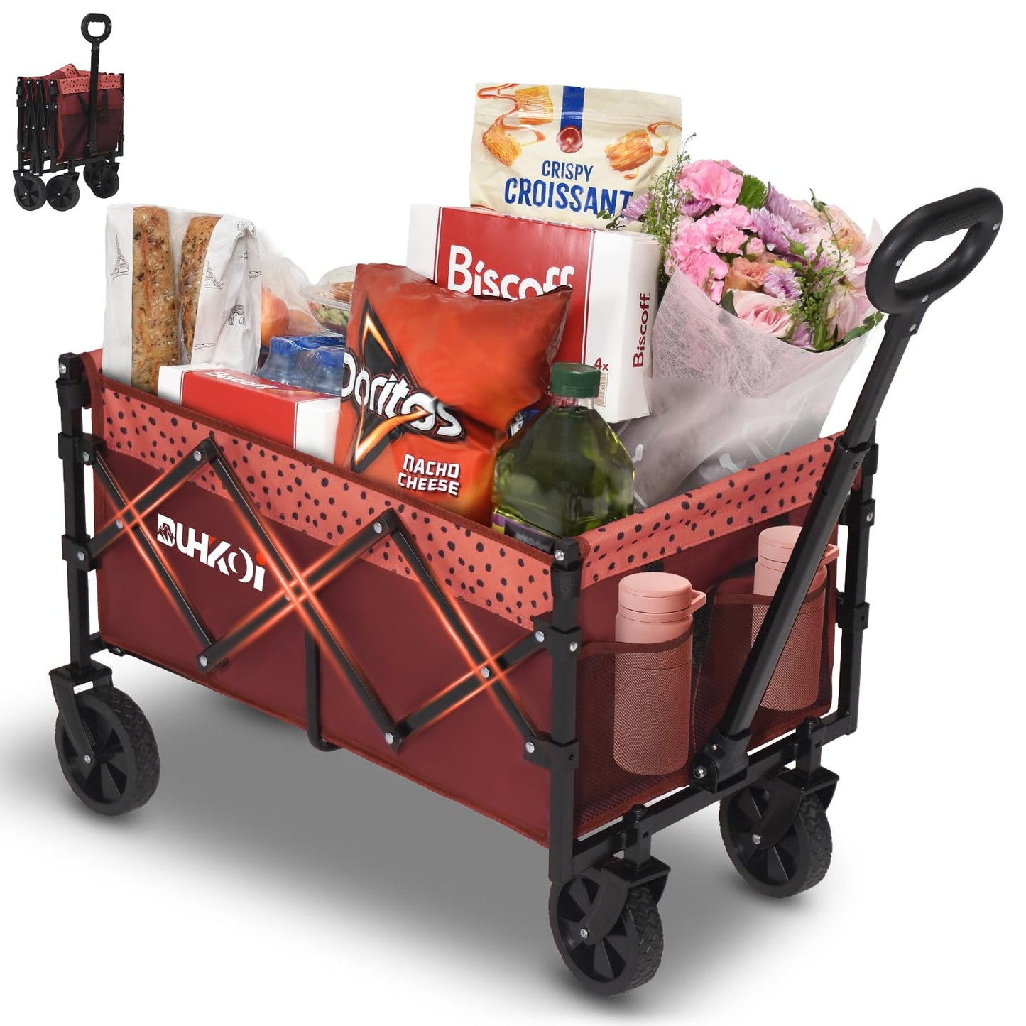 Duhkoi Collapsible Wagon Cart with Wheels Foldable,11 lbs Lightweight Portable Folding Utility Wagon,90 L Heavy Duty Grocery Shopping Carts,Versatile for Garden Sports Camping Outdoor Use (Brick Dot)