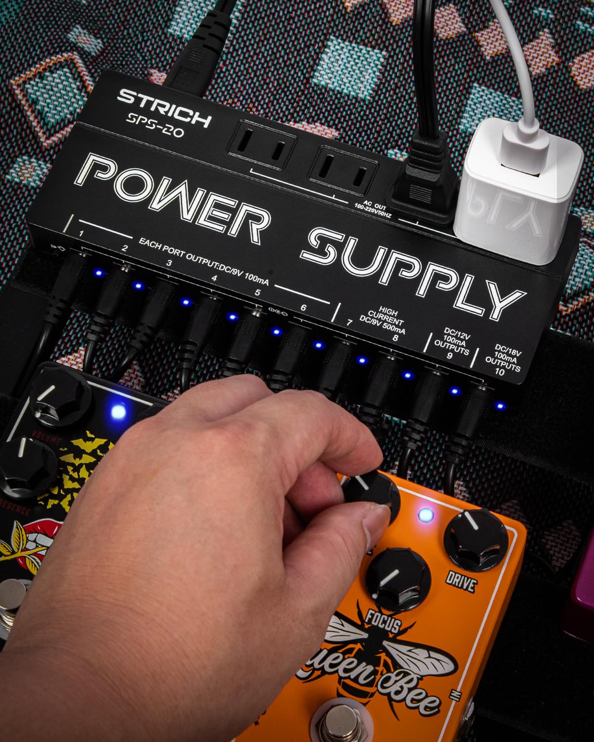 STRICH SPS-20 Guitar Pedal Power Supply, 10 Independent DC Output for 9V/12V/18V Guitar Bass Effect Pedals, 100mA 500mA Pedalboard Power Supply with Short Circuit Protection