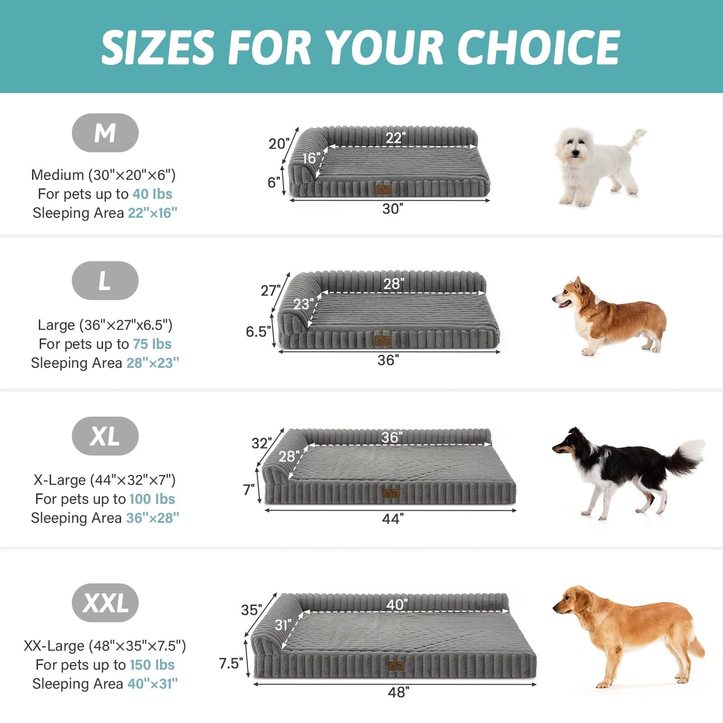 COZY KISS Cute Dog Bed, Faux Fur Orthopedic Foam Dog Bed with Sides, Removable Washable Cover & Waterproof Lining, Comfortable Pet Couch for Extra Large Dogs, Grey (48" L x 35" W x 7.5" Th)
