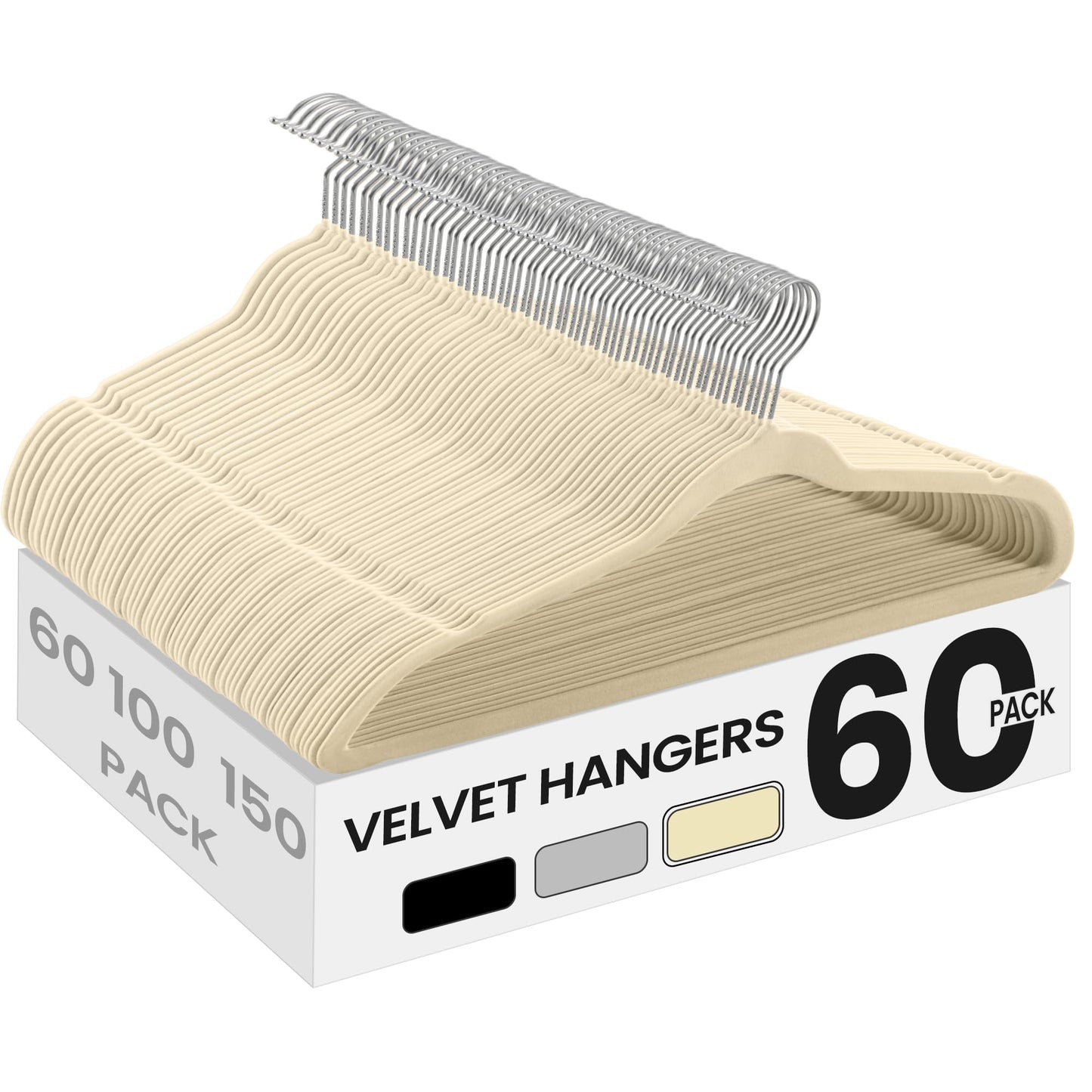 SONGMICS Velvet Hangers, Non-Slip Clothes Hangers with Silver-Colored Swivel Hooks, Slim Space-Saving for Closet, Heavy-Duty, Summer Sand 60 Pack UCRF036LF01