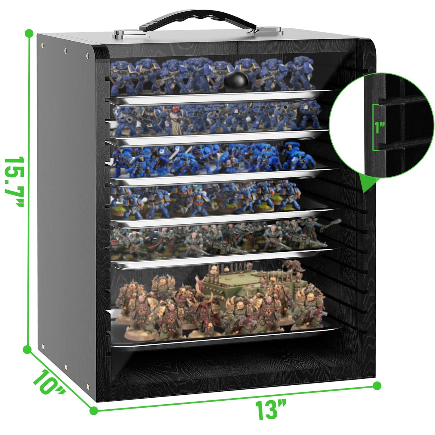 AKOZLIN Miniature Display Case for Collectibles Miniatures with 6 Trays & Handle Wooden Miniature Carrying Transport Case,Black