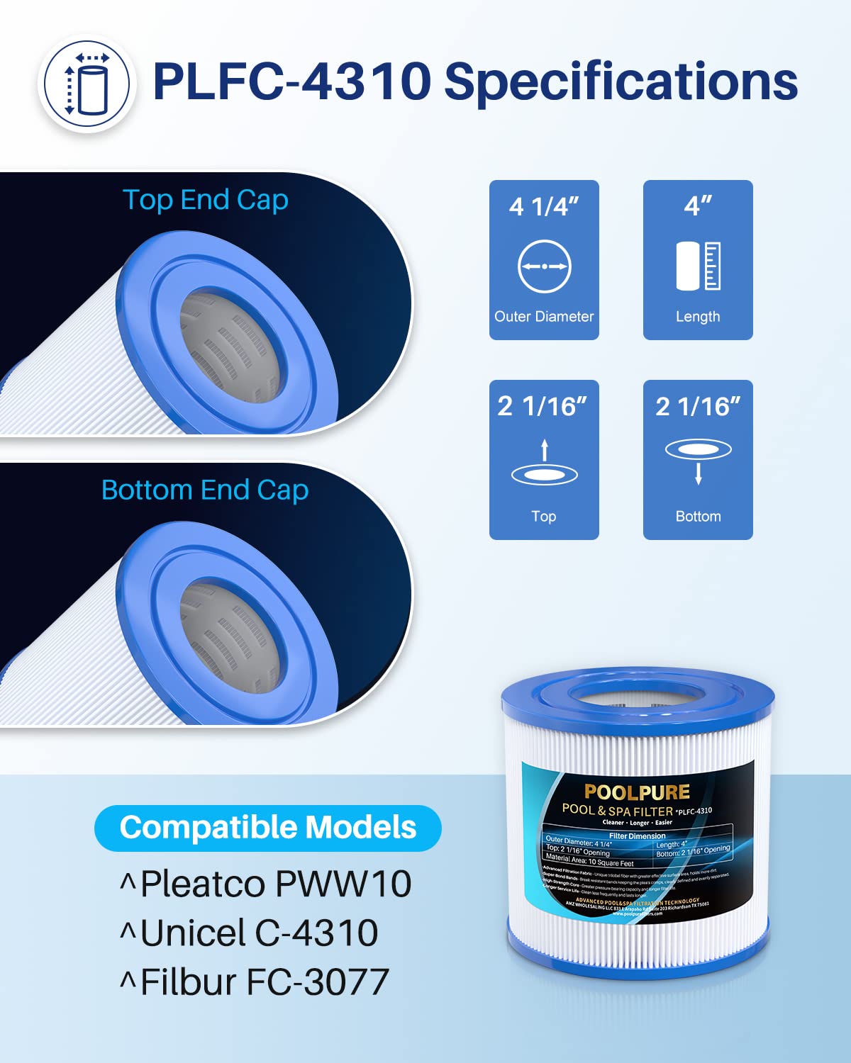 POOLPURE Replacement Spa Filter for PWW10, Unicel C-4310, Filbur FC-3077, Excel Filters XLS-435, Aladdin 11003, Baleen AK-3006, Darlly 40101, Thermo Spa FL1003, SD-00260 Hot Tub Filter, Pack of 2