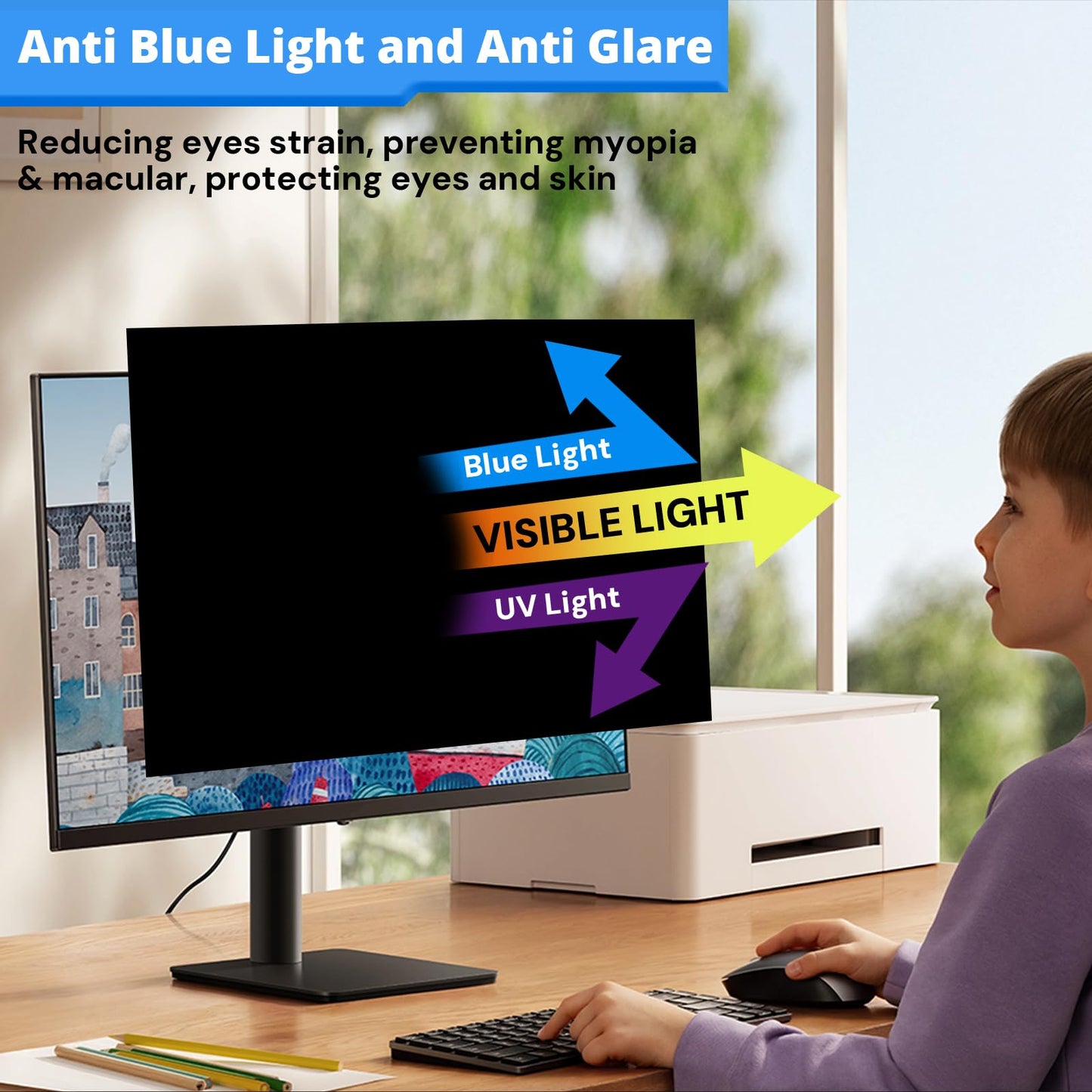24 Inch Computer Privacy Screen Filter for 16:9 Widescreen Monitor, Removable Computer Screen Privacy Shield and 24 Inch Anti Blue Light Glare Filter