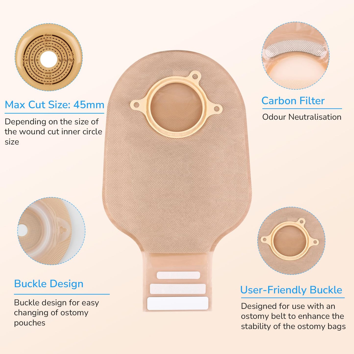 30 PCS Ostomy Supplies – 20 PCS Two-Piece Colostomy Bags + 10 PCS Cut-to-Fit Convex Skin Barriers (45 mm Max), for Ileostomy, Urostomy, Colostomy Stoma Care, Secure Fit, Leak-Proof