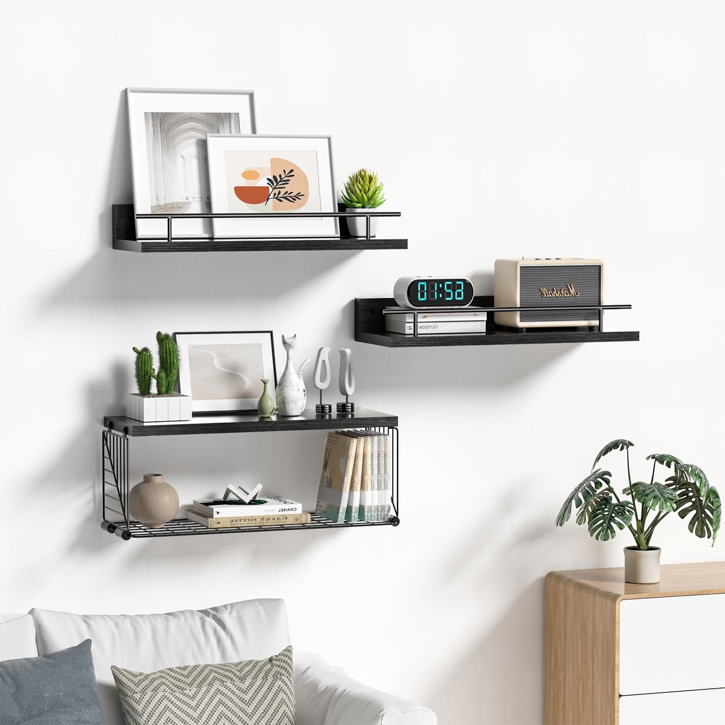 Kowsinde Bathroom Shelves with Wire Storage Basket, Floating Shelves Over Toilet with Protective Metal Guardrail, Wood Wall Mounted Floating Shelves for Bathroom, Living Room, Kitchen and Bedroom