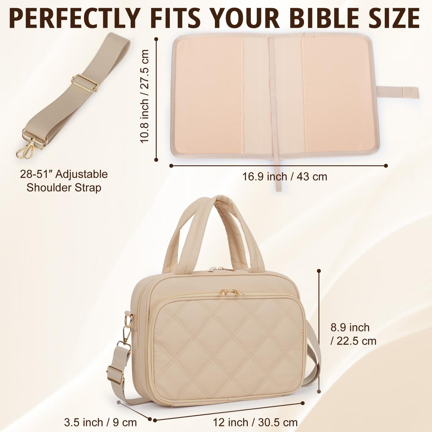 Large Bible Cover for Women,2 Compartments Bible Carrying Case With Handles Shoulder Strap, Soft Puffy Quilted Bible Bags With Book Cover Organizer, Scripture Tote For Church Study Supplies