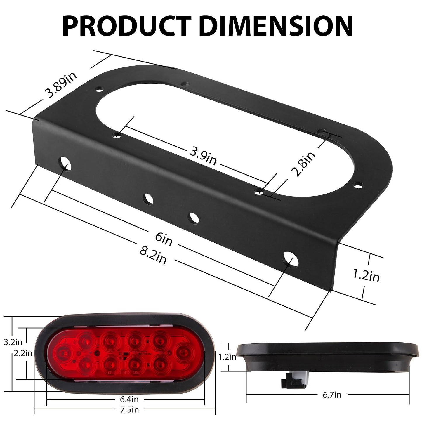 Konrali 4Pcs 6" Inch Oval Led Trailer Tail Lights w/Mounting Brackets, 6" Inch Oval Red Led Waterproof Stop Turn Tail Lights Brake Sealed Flush Grommet Mount w/3 Prong Wire Pigtails for RV Truck Boat