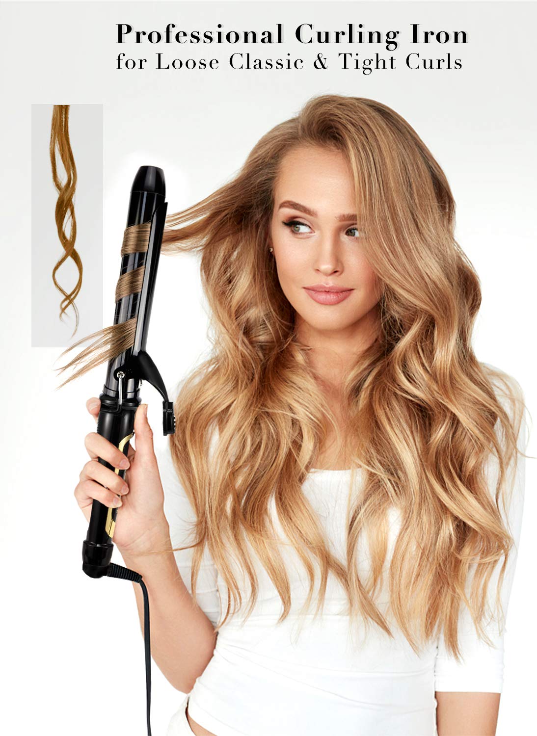 Lanvier 1.25 Inch Clipped Curling Iron with Extra Long Tourmaline Ceramic Barrel, Professional Hair Curler up to 450°F with Dual Voltage for Traveling, Hair Waving Style Tool for Girls & Women –Black
