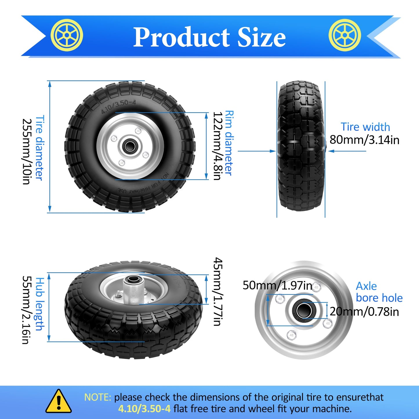 4.10/3.50-4 Solid Rubber Tire Wheels, 10 Inch Tire and Wheel Flat Free, for Garden Carts/Dolly/Trolley/Dump Cart/Hand Truck/Wheelbarrow/Garden Wagon(Black, 2 pcs)