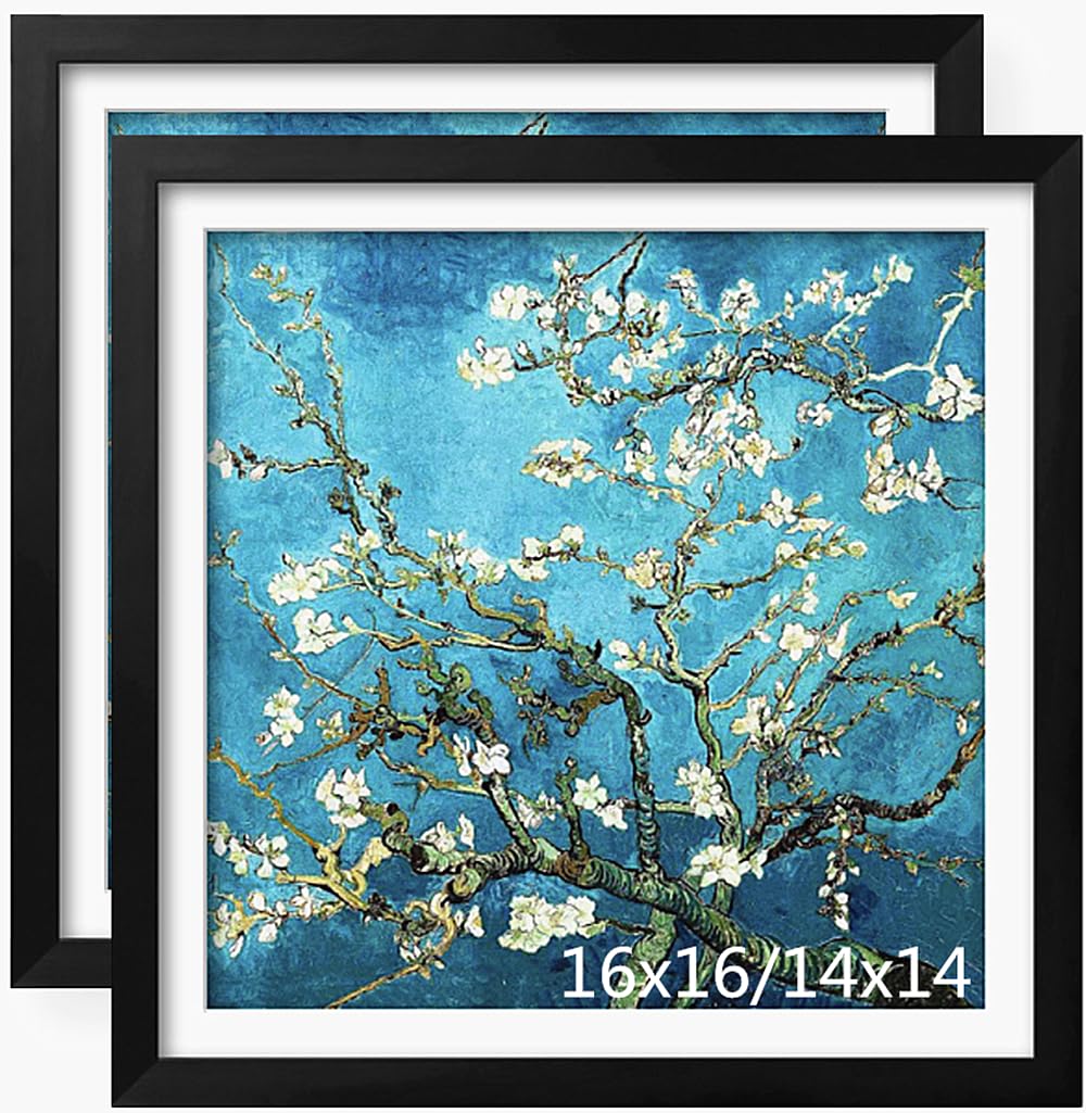 NIHO-JIUMA Wood Photo Frame, Fits 16 X 16 in / 40 X 40 cm Diamond Painting or Oil Paintings Photos, Pine Wood Picture Frames & Plexiglass (2-piece set, Black, With Mat)