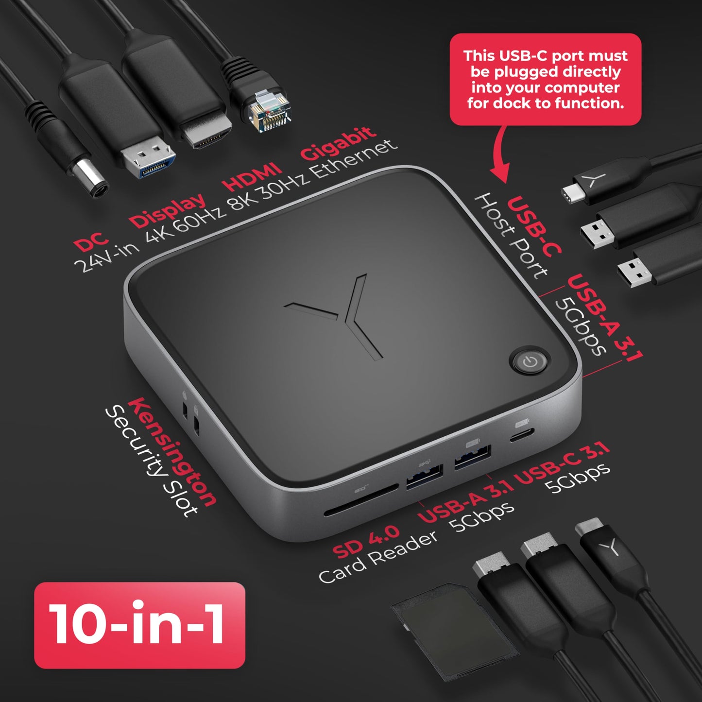 Brydge Stone CORE Powered Charging Docking Station – 10 Ports, 100W PD, Dual Monitor Docking Station, 4K60Hz, 8K HDMI, SD 4.0, USB-A & USB-C, Ethernet – Windows & MacOS Compatible Laptop