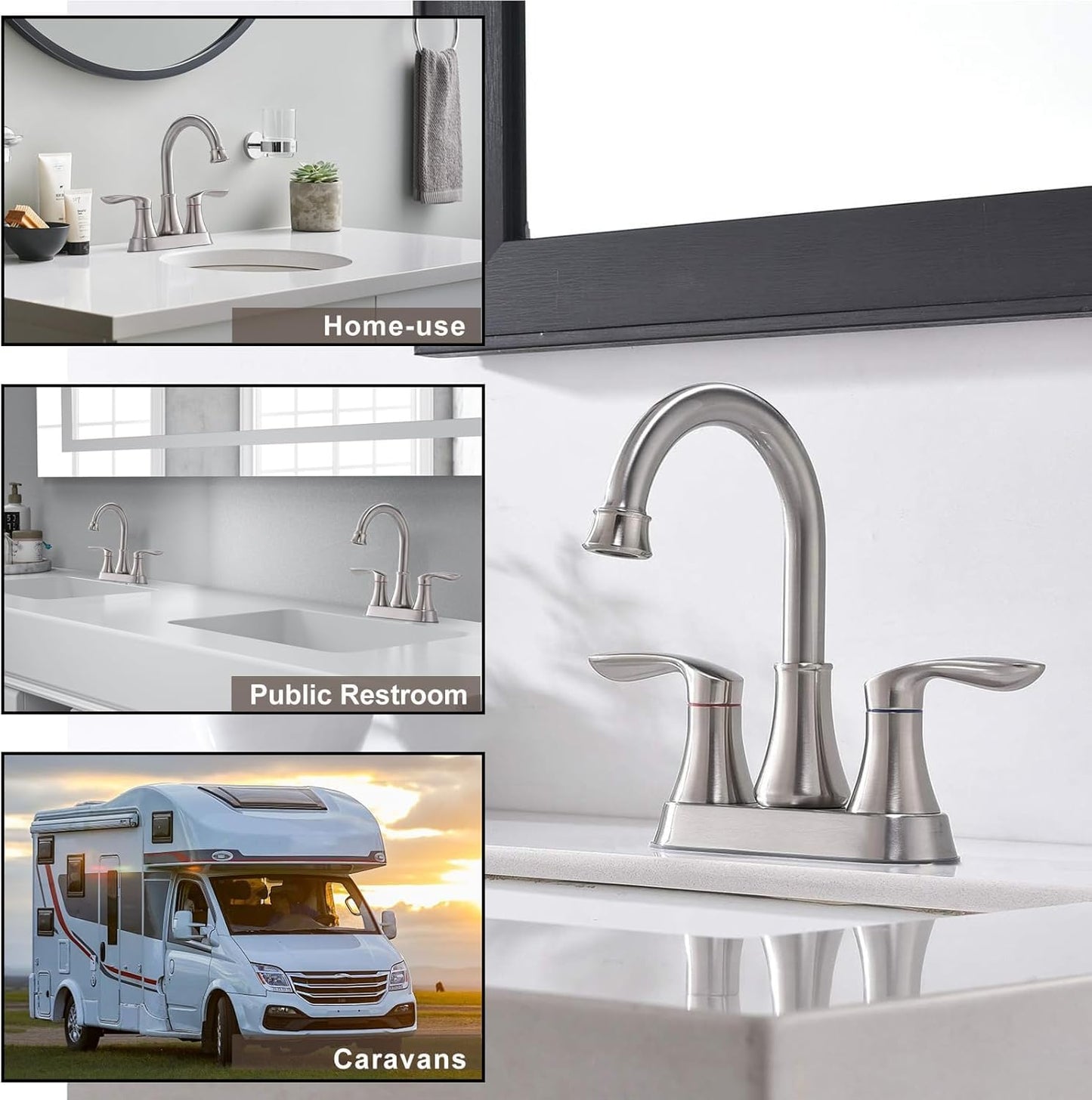 Centerset Modern Commercial 2-Handle Brushed Nickel Bathroom Faucet, 4 inch RV Bathroom Sink Faucet 3 Hole Bath Vanity Faucets with Drain Stopper and Water Hoses