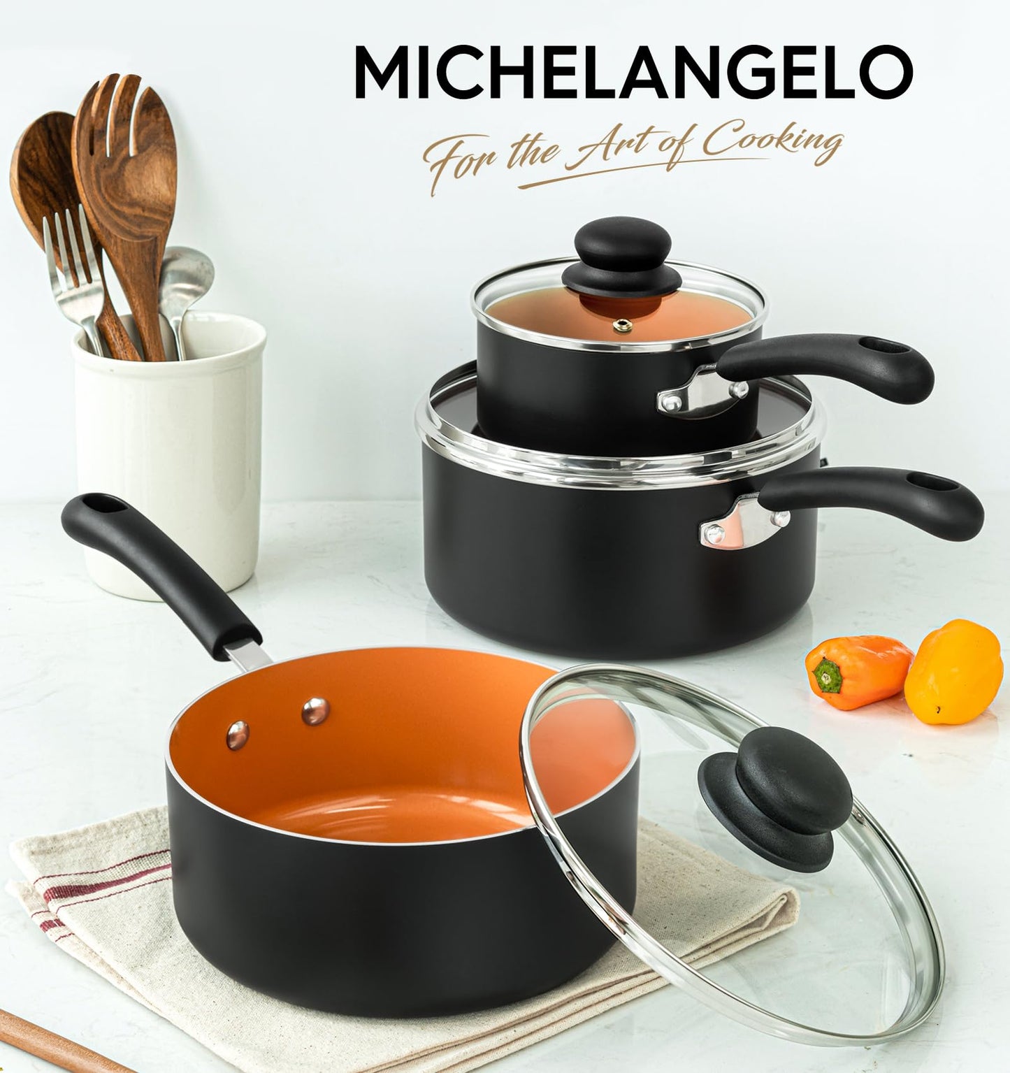 MICHELANGELO Nonstick Sauce Pan Set with Lid, 1QT&2QT&3QT Ceramic Copper Saucepan Set, Non Toxic Sauce Pots for Cooking, Multipurpose Cooking Pots Set, Dishwasher Safe, Induction Compatible