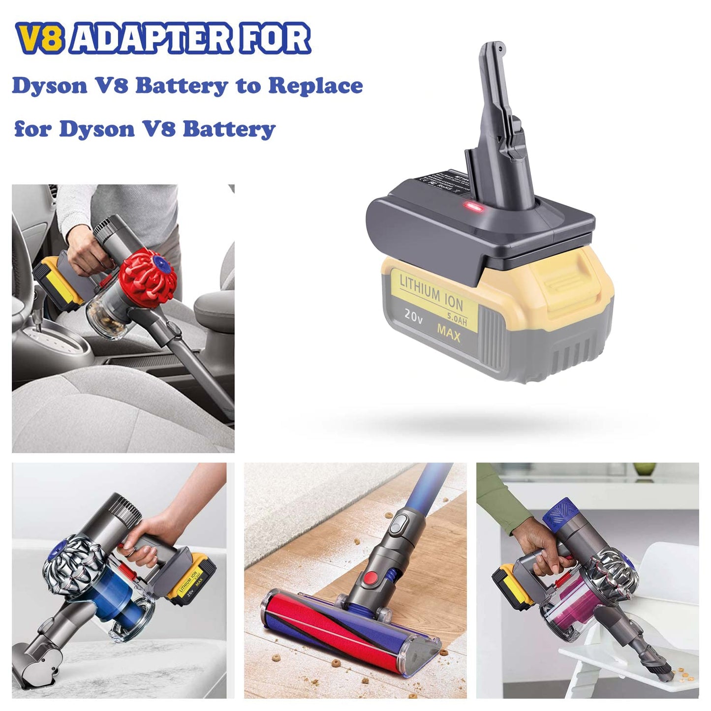 DW20V8 Adapter for DeWalt 20V Battery Work for Dyson V8, SV10 Animal, V8 Motorhead, V8 Absolute, V8 Fluffy Vacuum Cleaner for DeWal t Batteries DCB200 DCB205 DCB204(Only Adapter)