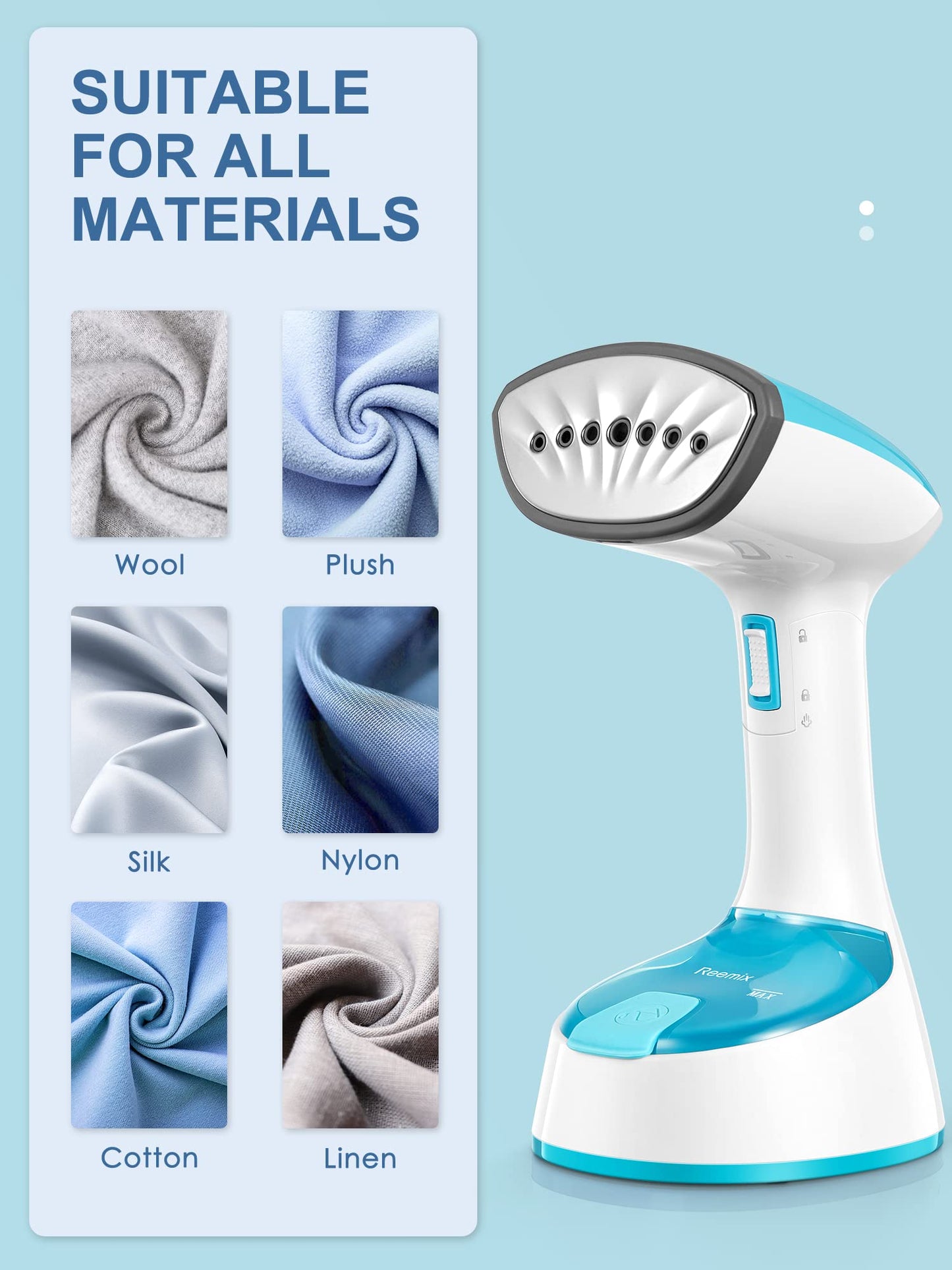 Reemix Steamer for Clothes, 1200W Foldable Clothes Steamer, Handheld Garment Steamer, Fast Heat-up, Auto-Off, Steam Iron for Fabric Wrinkle Remover with Brush (Crystal Blue)