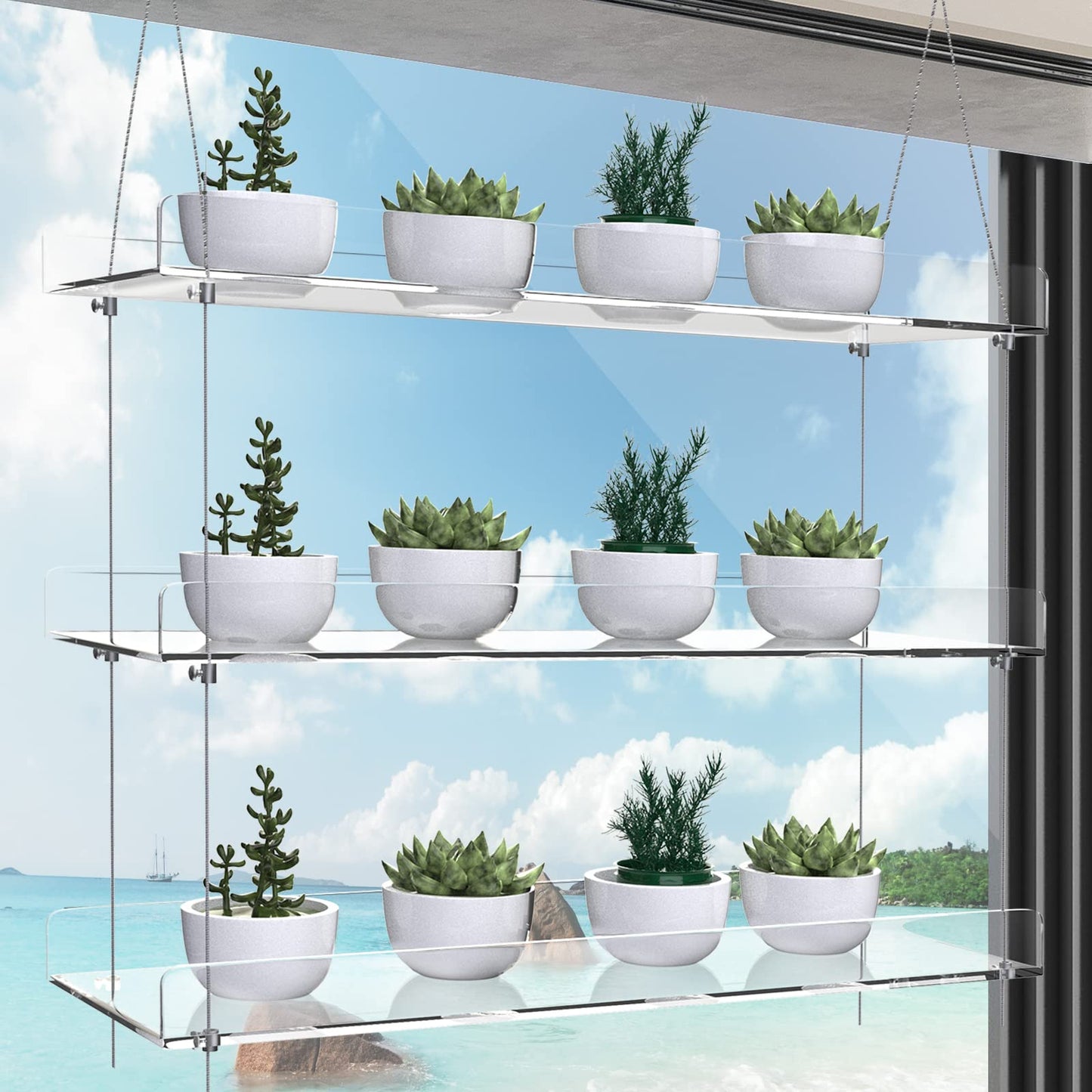 Clear Hanging Window Plant Shelves,Indoor Windows Wall Hanging Plant Stand Flower Display,Flower Pot Organizer Storage for Window Grow Herbs,Microgreens,Succulents,Flower