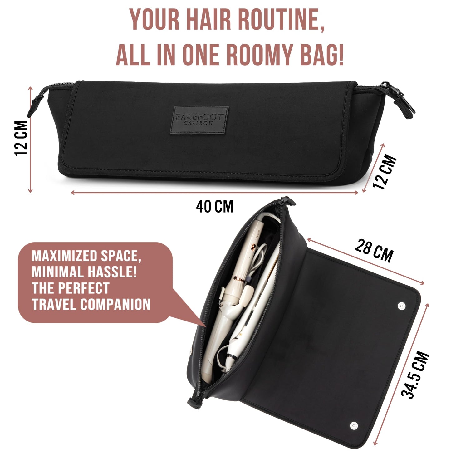 BAREFOOT CARIBOU Hair Tools Travel Bag and Heat Resistant Mat for Flat Irons, Straighteners, Curling Iron, and Haircare Accessories, 2-in-1 Design, with Interior Pockets, Portable Organizer (Black)