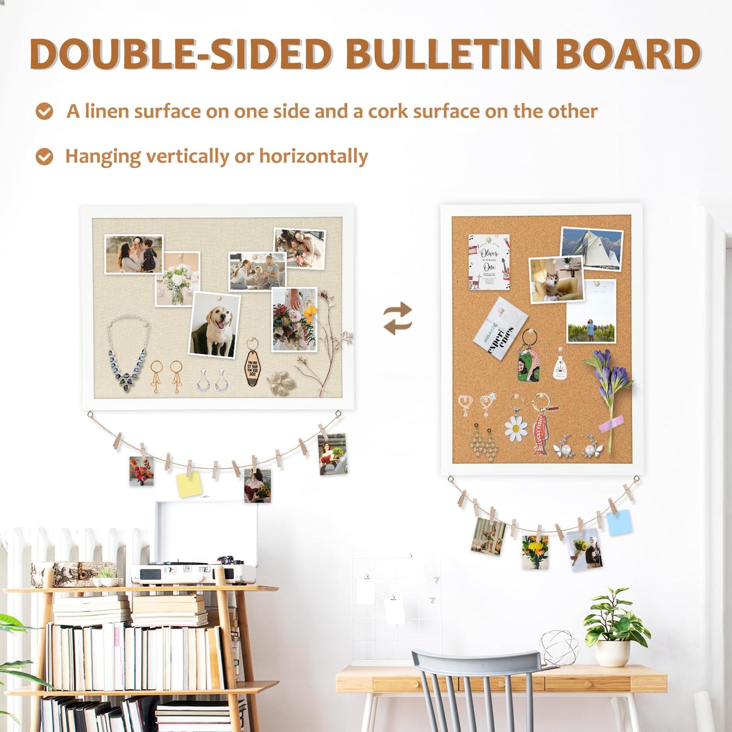 AMUSIGHT Double-Sided Large Cork Board with Linen, 24" x 18" Hanging Wood Framed Bulletin Board, Picture Display Vision Board Corkboards for Wall Room School Office Decor, 20 Pushpins,1pack