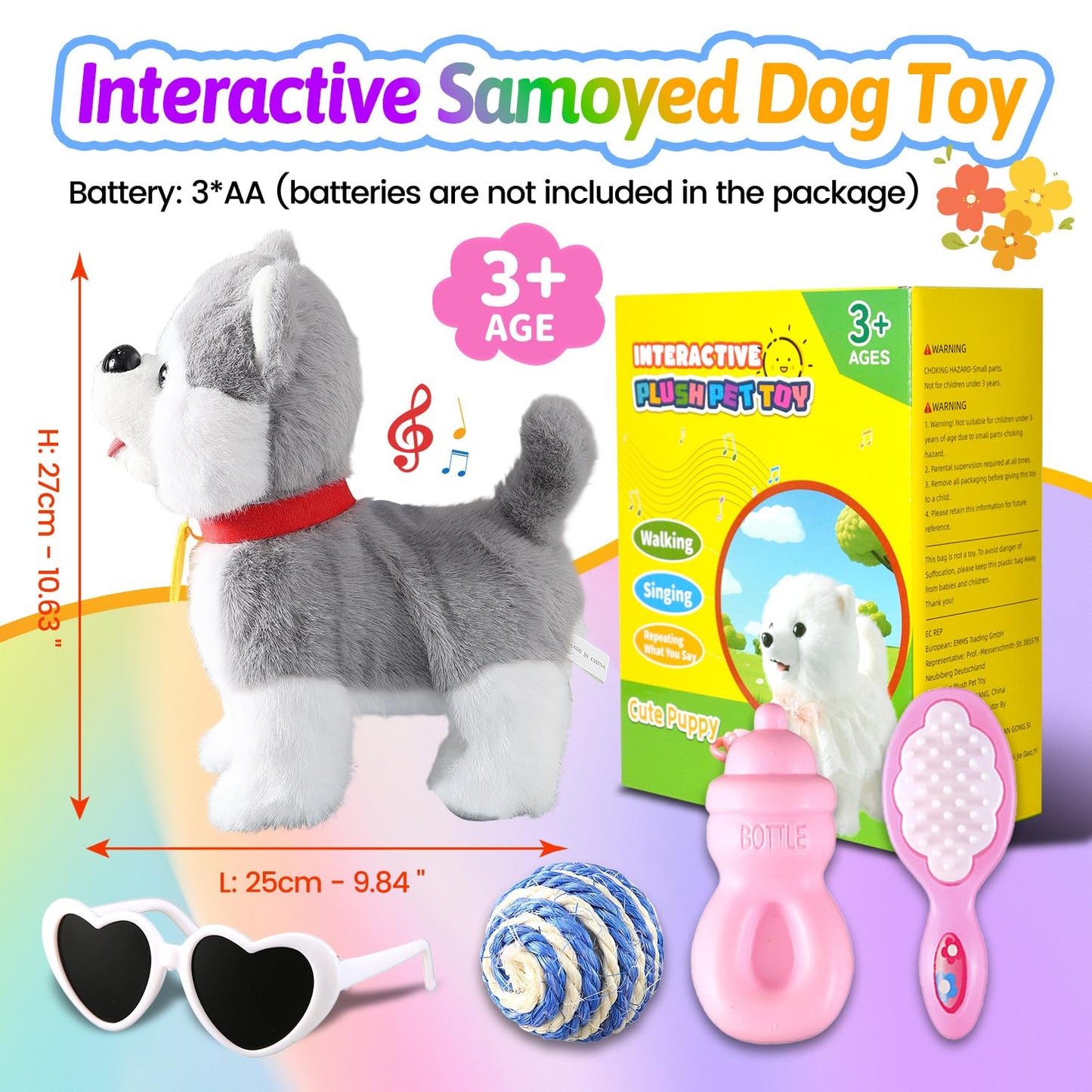 Walking Barking Singing Husky Puppy Toy, Repeats What You Say, Realistic Licking Tongue Wagging Tail Mechanical Dog with Electronic Touch or Voice Control, Interactive Music Dancing Plush Pet for Kids