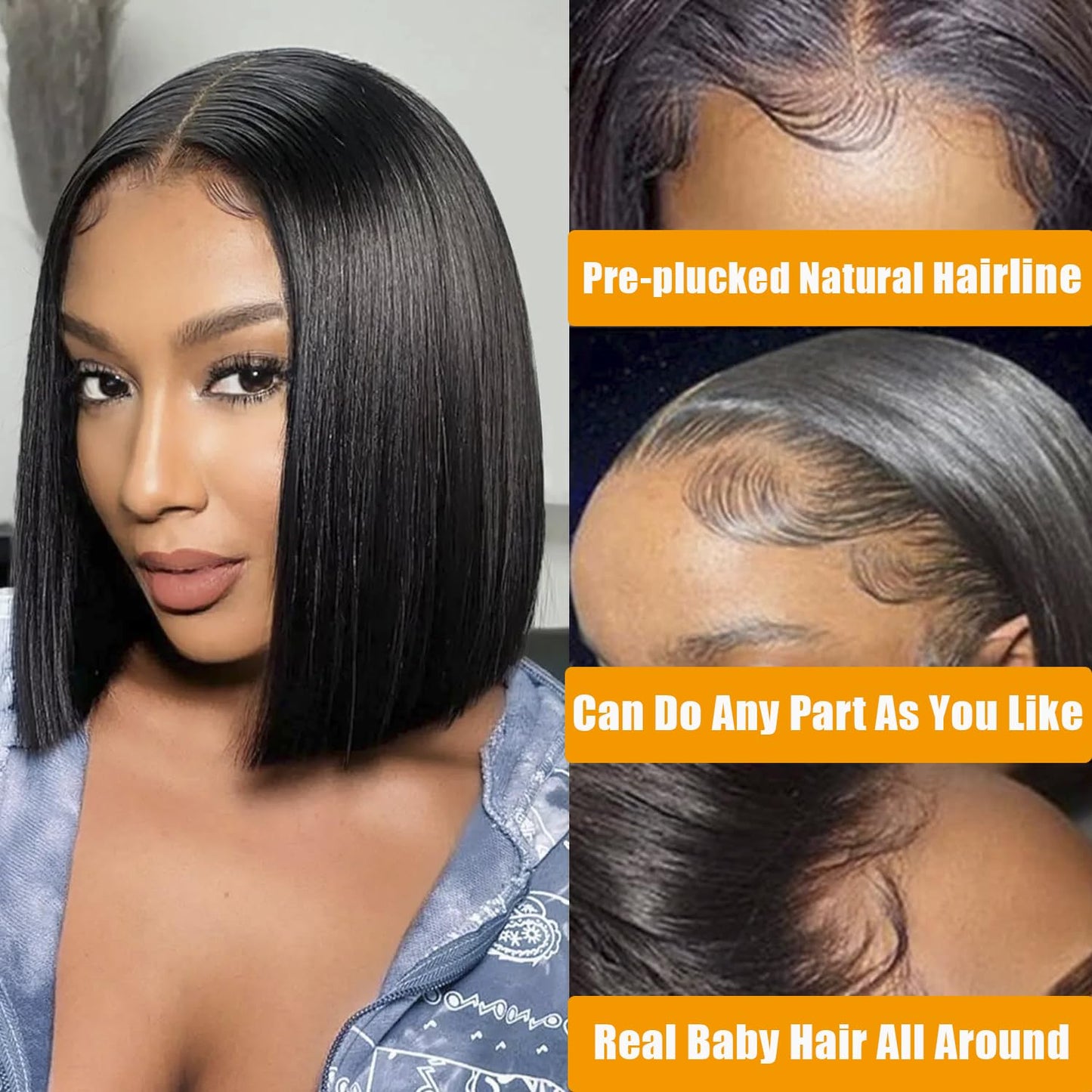 Bob Wig Human Hair 13x4 frontal lace wig Human Hair 180 Density 12 inch HD Lace Front Wigs with Baby Hair 180% Density Glueless Short Human Hair Wigs for Women Natural Color