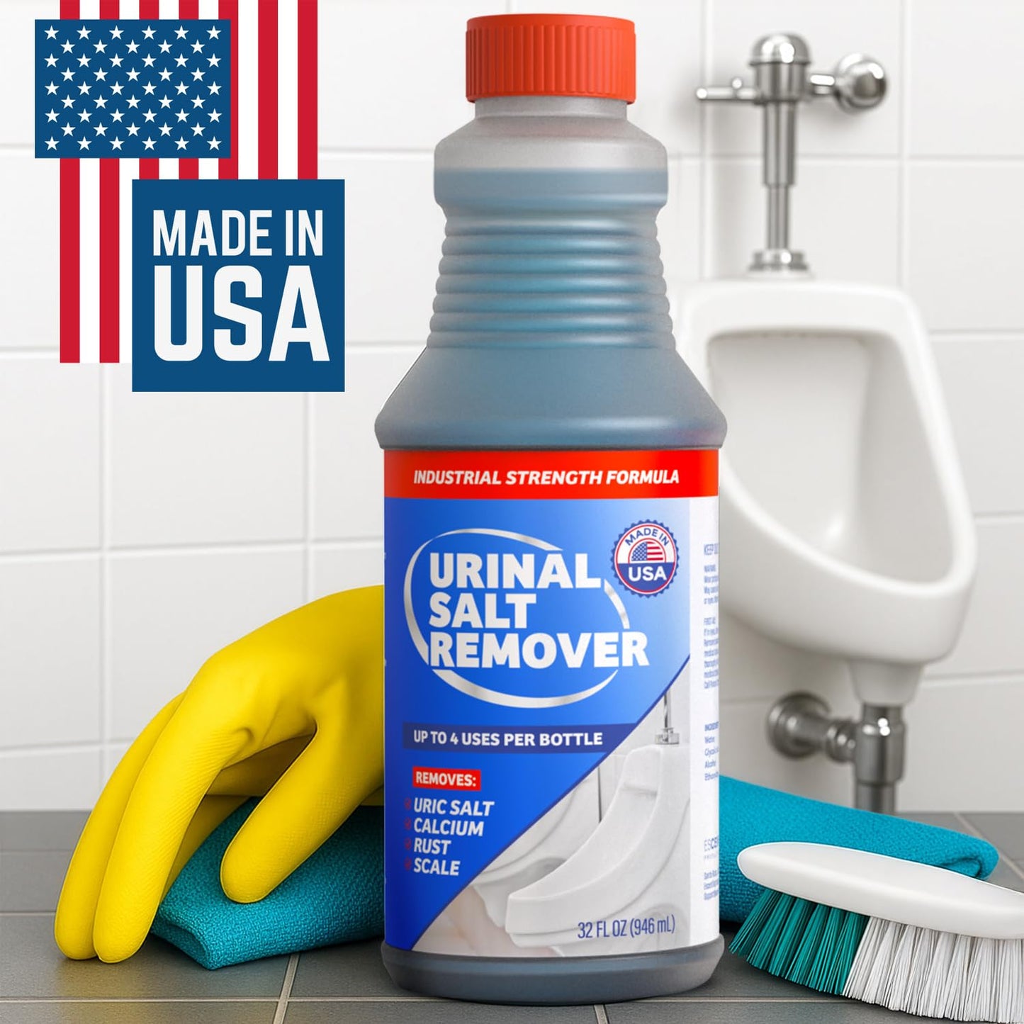 Escentile Urinal Salt Remover – Dissolves Uric Acid, Made in USA | Rust & Hard Water Scale | Drain Opener for Toilets & Urinals | Odor Control Cleaner Safe on Pipes, Porcelain, Stainless Steel – 32oz