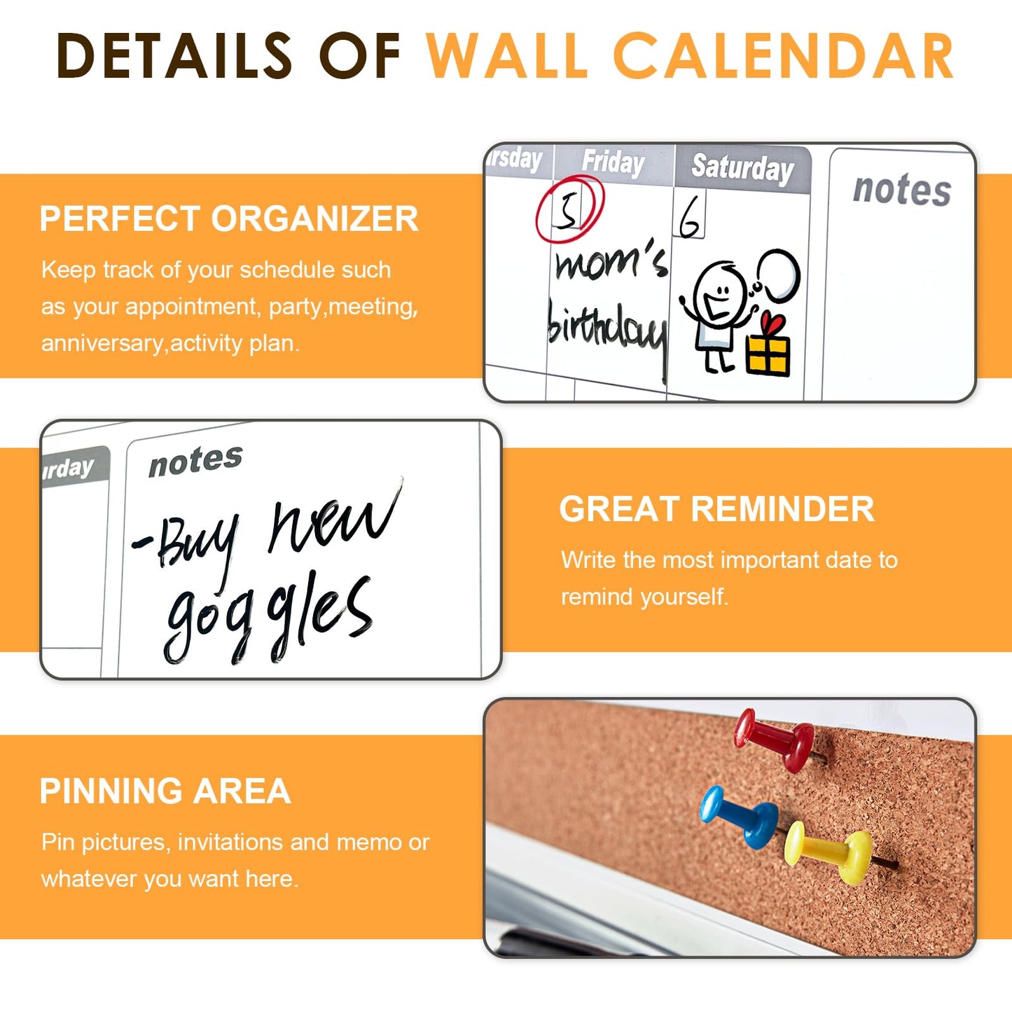 MAKELLO Monthly Dry Erase Calendar Whiteboard Cork Board Combo for Office, Classroom, Kitchen and Bedroom, 36x24 inch