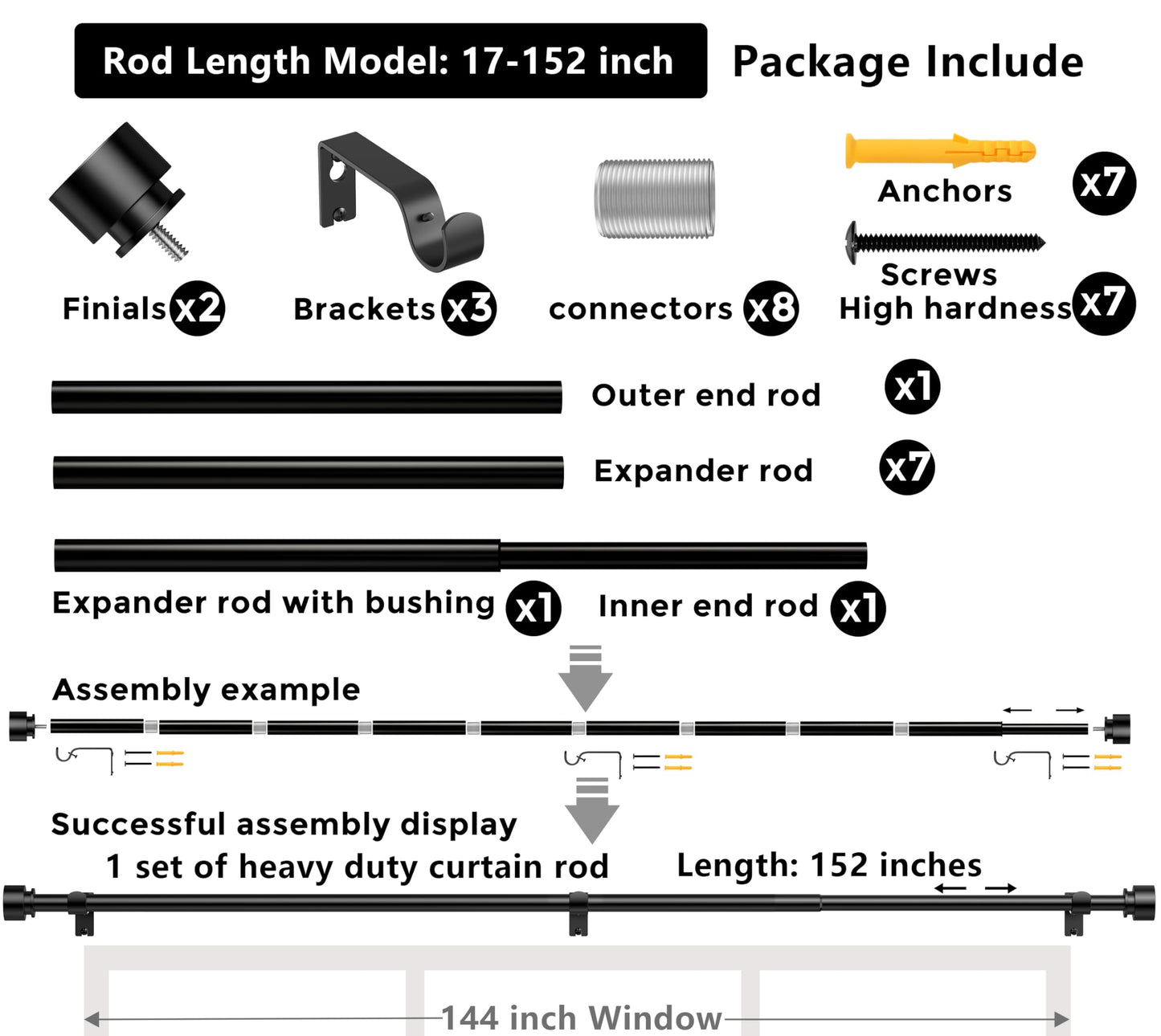 Black Curtain Rod 17 to 152 inch for Window 144 inch, Adjustable Heavy Duty Thick Matte Black Modern Long 12 ft