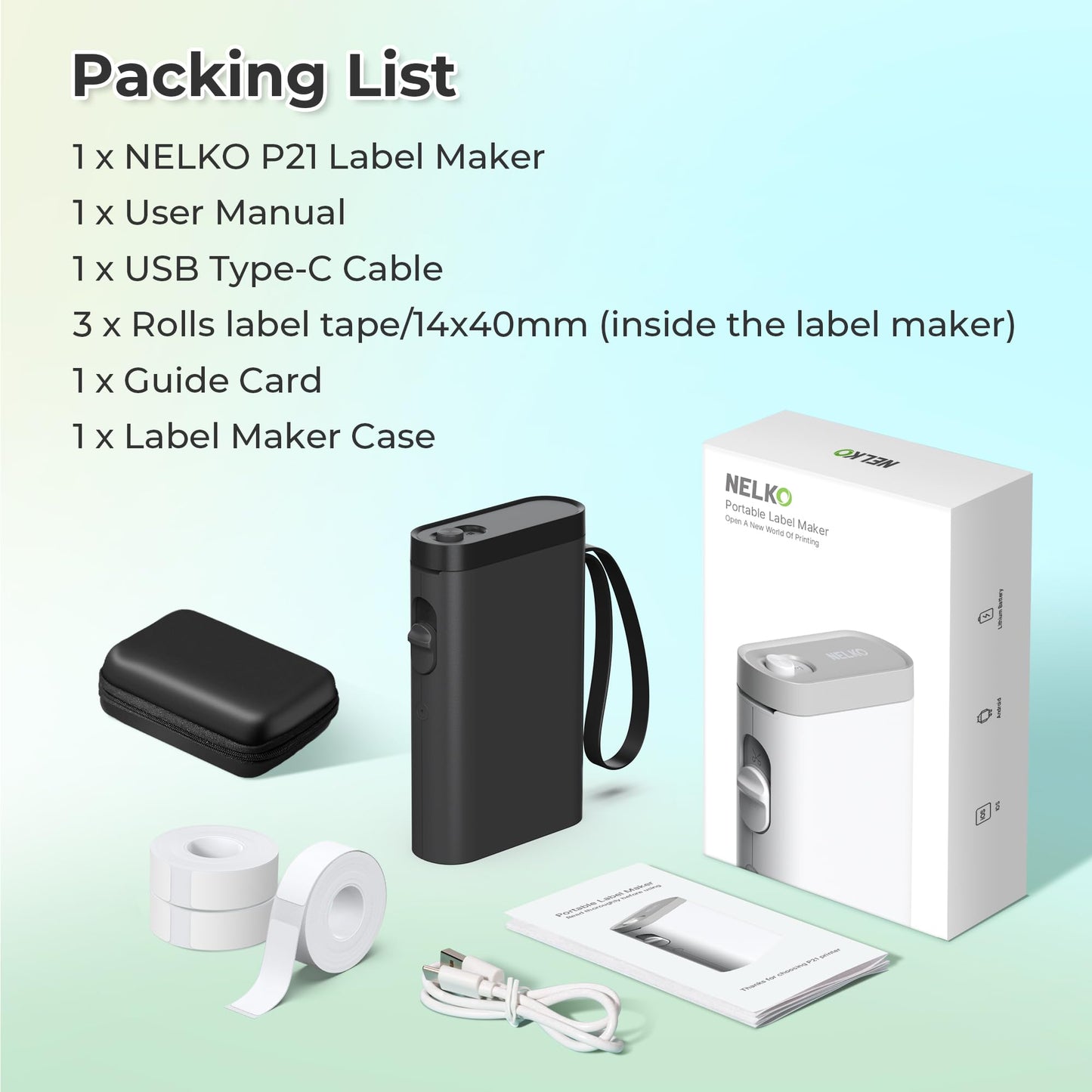 Nelko Label Machine with Tape, Bluetooth P21 Label Printer with 3 Strips and Case, Wireless Mini Labellers with Multiple Models Custom Character Icons for School Office