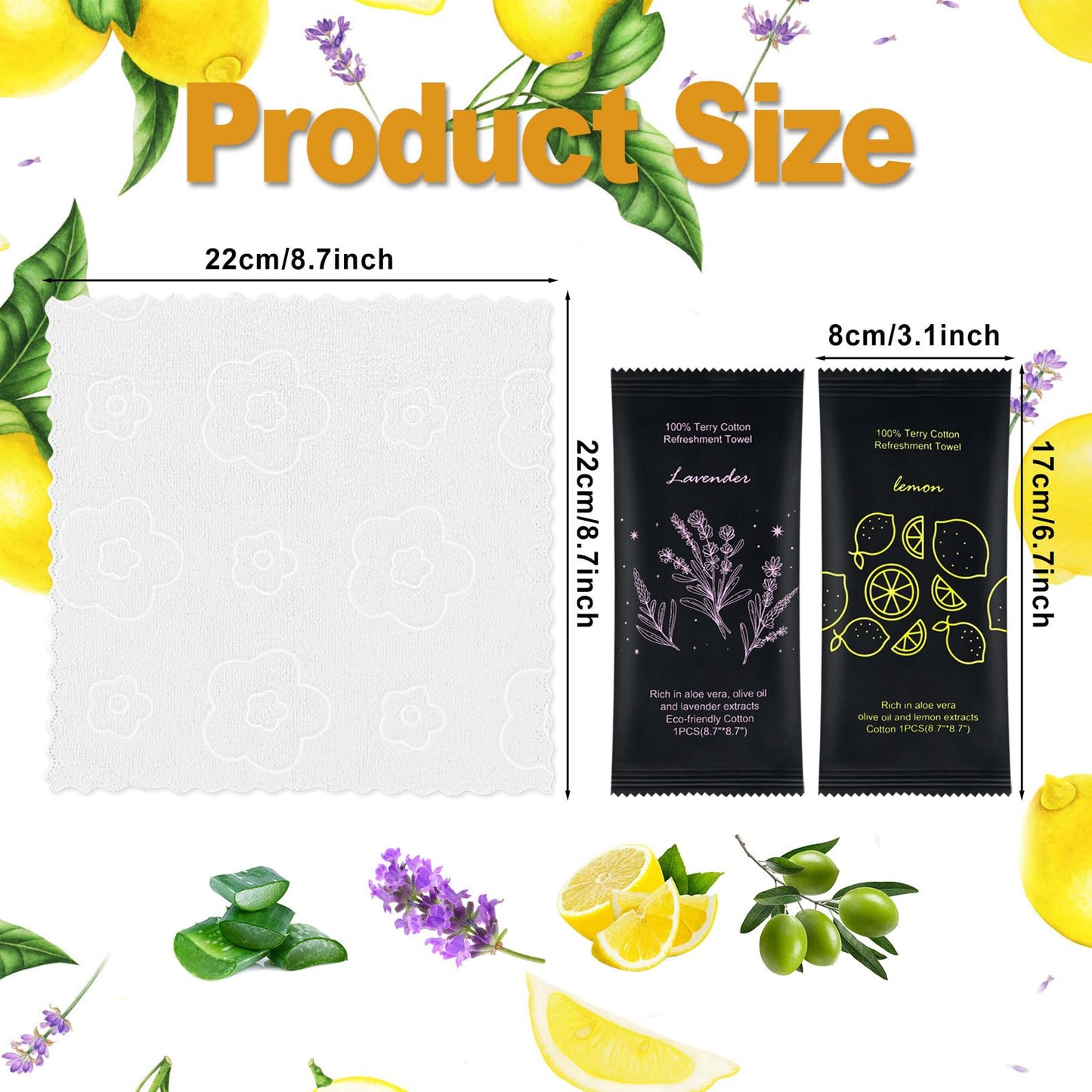 Moist Cotton Towel Bulk Moist Towelettes Individually Wrapped 8.7" x 8.7",White Towel Services,Refreshment Pre Moistened Towels Lavender and Lemon Scent for Travel Sport Party Spa Dentist Hote (1 Count (Pack of 100), Lavender and Lemon)