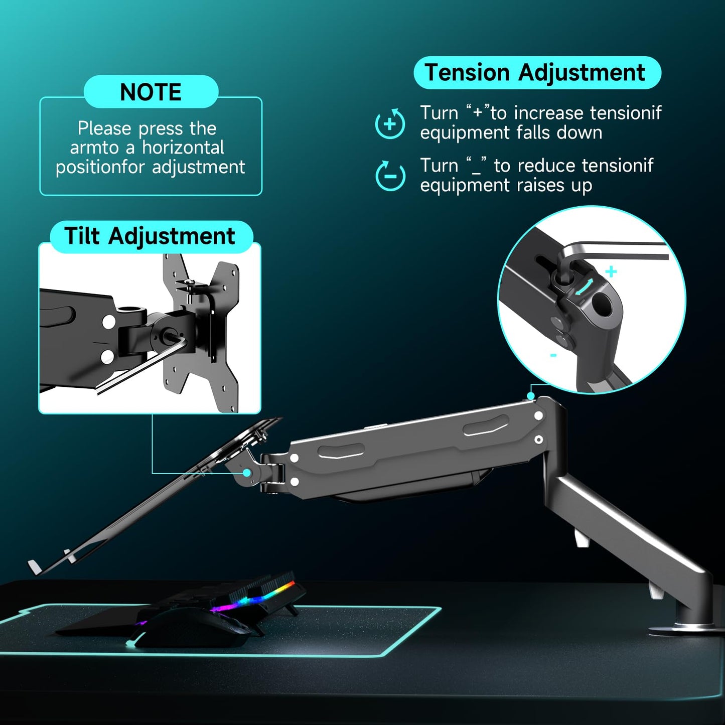 Pholiten 2 in 1 Laptop Desk Mount with Gas Spring Arm, Monitor Laptop Stand for 12-17 Inch Notebook and 13-32 Inch Computer Screen, Holds 22lbs, Full Motion with Vented Tray
