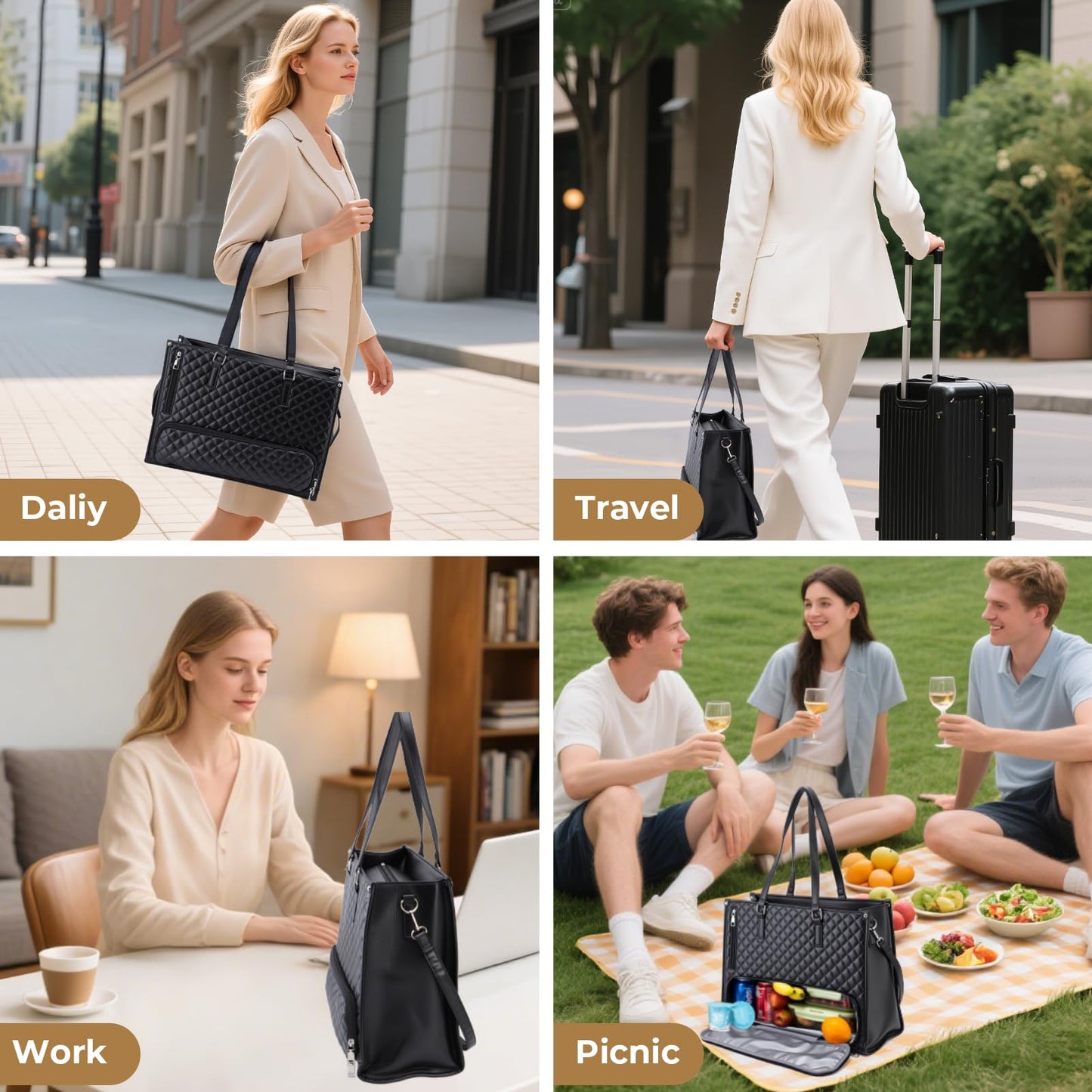 Lunch Work Tote Bags for Women, 15.6 Inch Laptop Bag with Insulated lunch Compartment, 2 in 1 Tote Bag Lunch Bag Combo with Small Purse and Shoulder Strap for Work, University, Office, Picnic (Black)