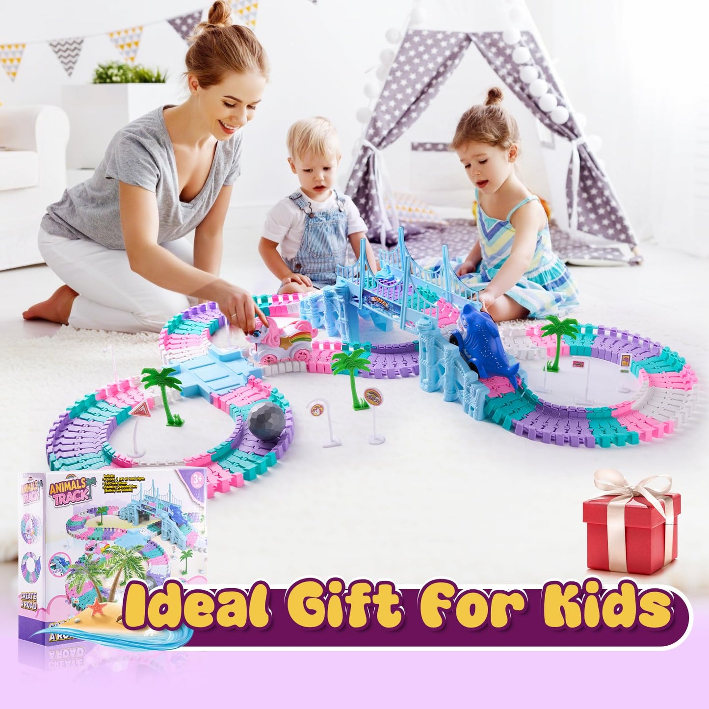 DIY Unicorn Racetrack Toy Set, 194 PCS Bendable Flexible Track with Race Cars & Ball, Creative Build STEM Racing Toys for Kids Ages 3-12, Unicorn Gifts for Girls & Boys