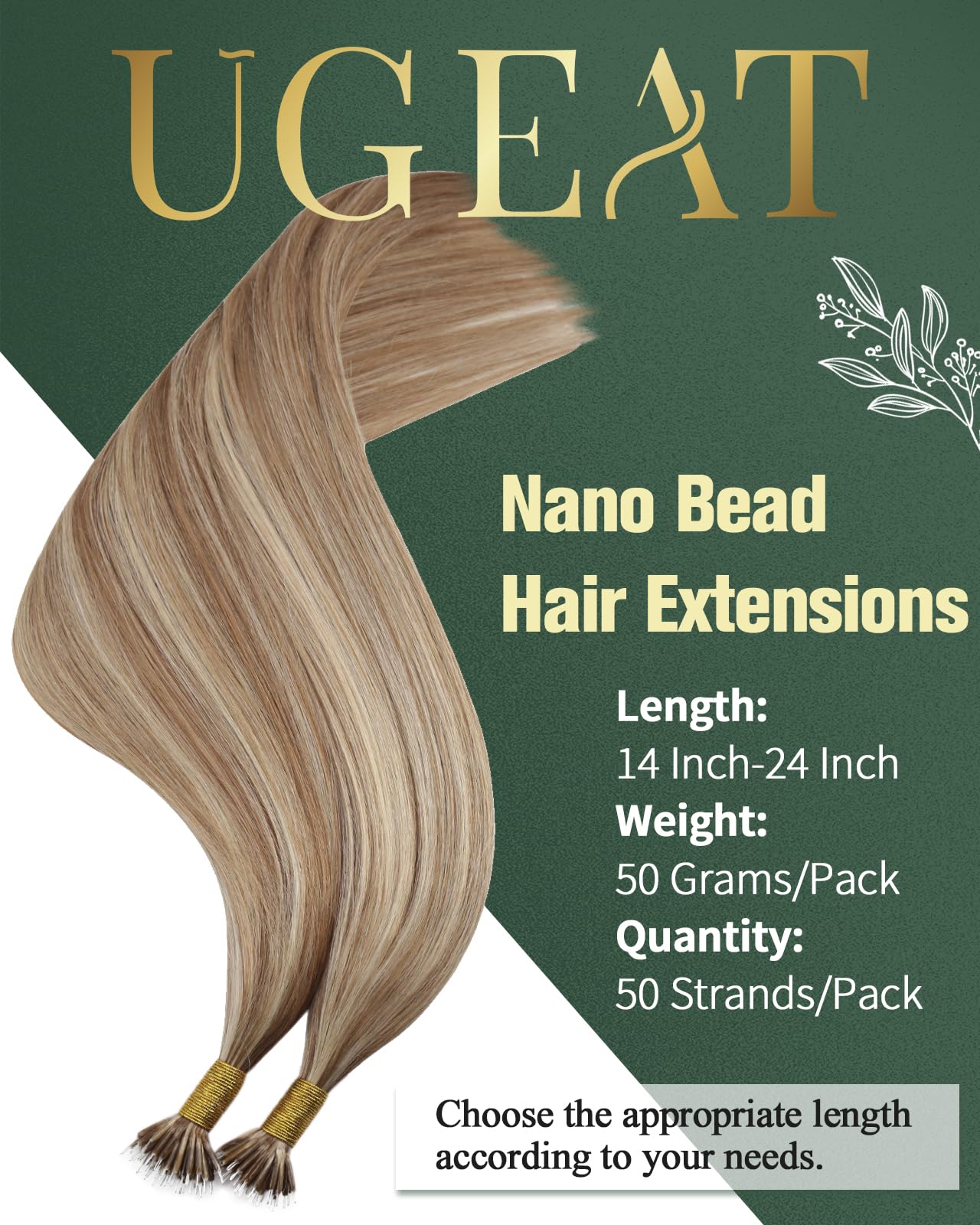 Ugeat Nano Bead Hair Extensions Human Hair Golden Brown Highlights Bleach Blonde Nano Tip Human Hair Extensions for Women Nano Link Hair Extensions Human Hair 18inch 50G 50S