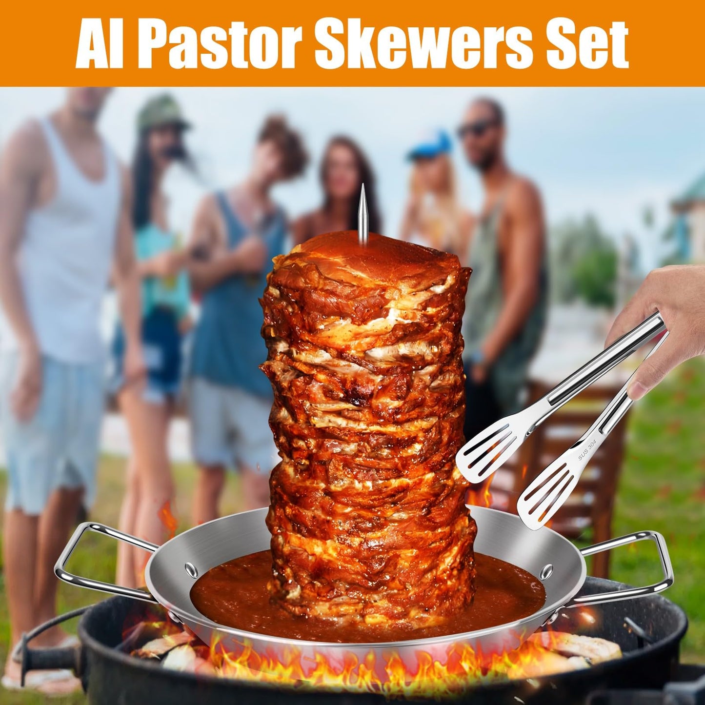 Al Pastor Skewer for Grill, 13 Inch Brazilian Spit Stand with 5 Spikes & 2 Brushes, Tong, Pad, Stainless Steel Vertical Sticks, Gyro Pan with Fat Separator for Tacos Al Pastor, Shawarma, Chicken