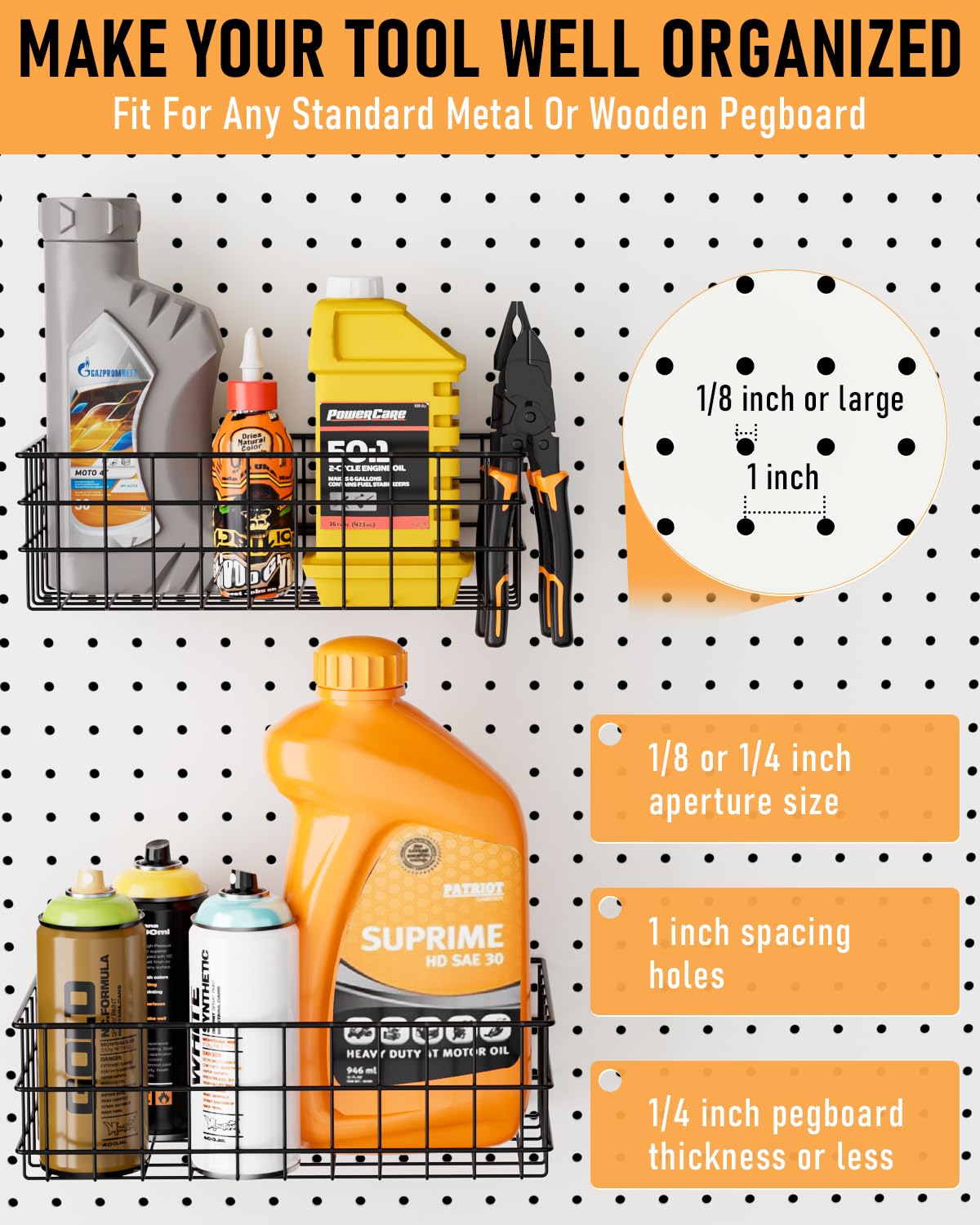 INCLY 4 Pack Pegboard Baskets Bins Set, 4 Size Square Style Black Metal Wire Pegboard Bins for Peg Board Organizing Tools, Peg board Accessories for Workbench Garage Wall Storage Attachments
