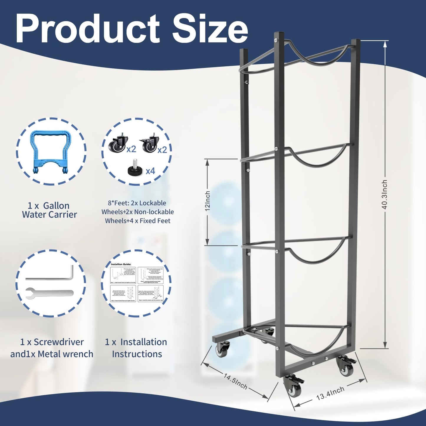 XXSJ 5 Gallon Water Jug Holder with Wheels 5 Gal Water Bottle Storage Rack Stand for Home Kitchen Office Gym Garage (4 Tier)