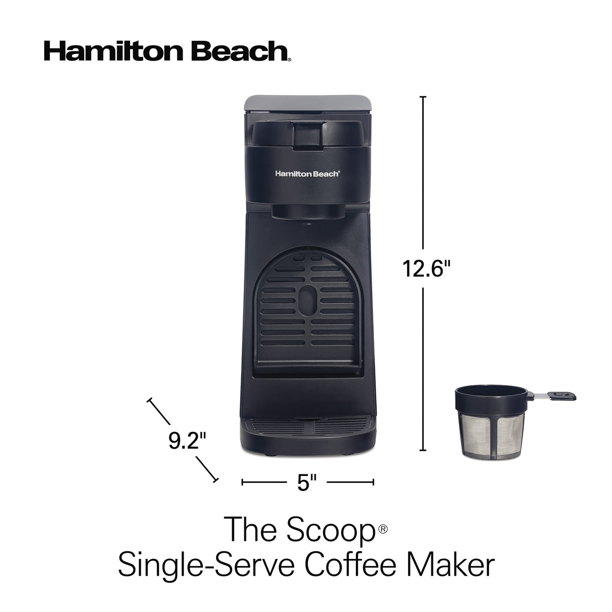 Hamilton Beach The Scoop Single Serve Coffee Maker, No Pods or Paper Filters Needed, Brews 8-14 oz Cups, Reusable Scoop Filter, Auto Shutoff, Black (47620)