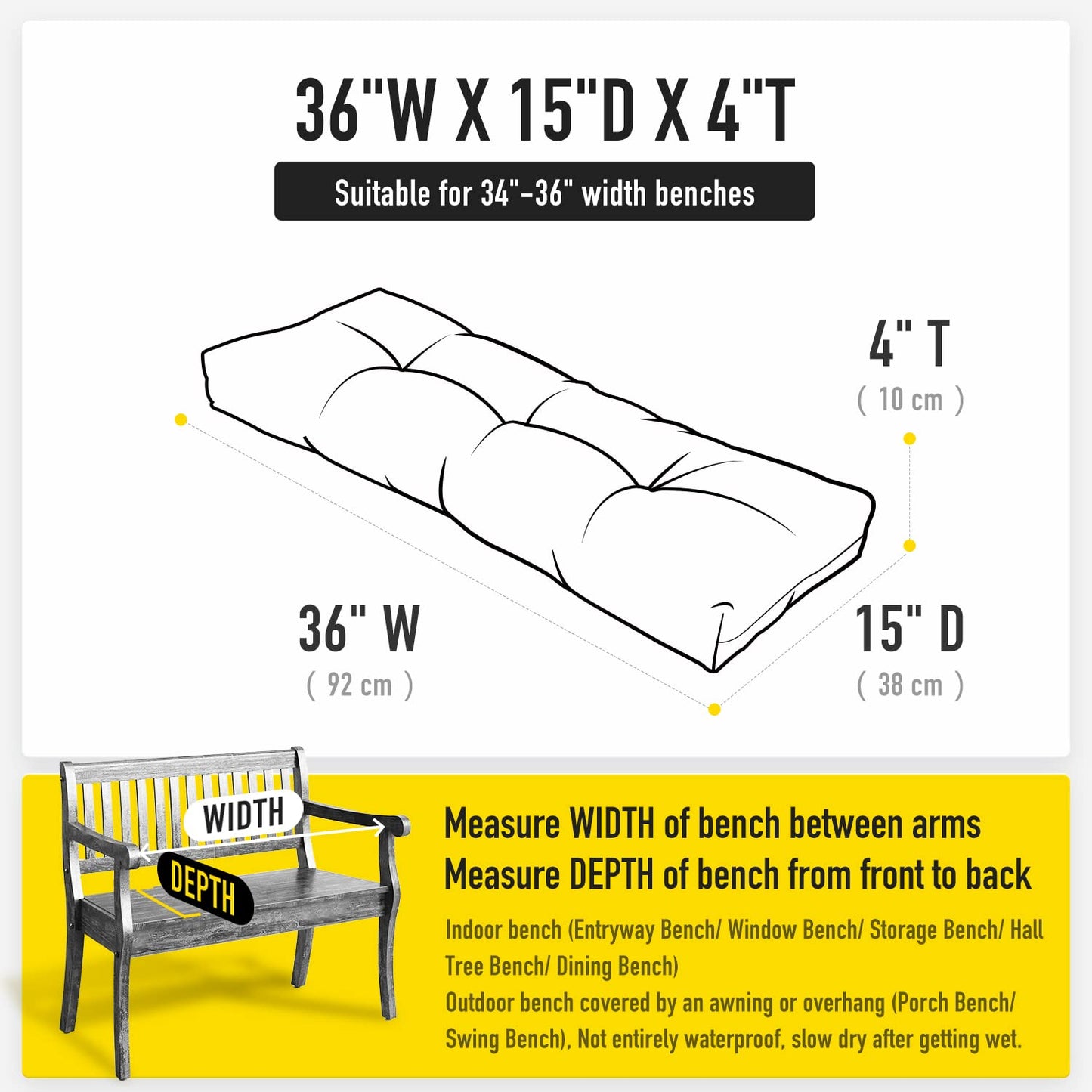 Sunrox LokGrip Non Slip Tufted Memory Foam Bench Cushion, FadeShield Water Resistant Durable Thicken Outdoor/Indoor Bench Seat Pads 36x14x4 inch, Heather Black