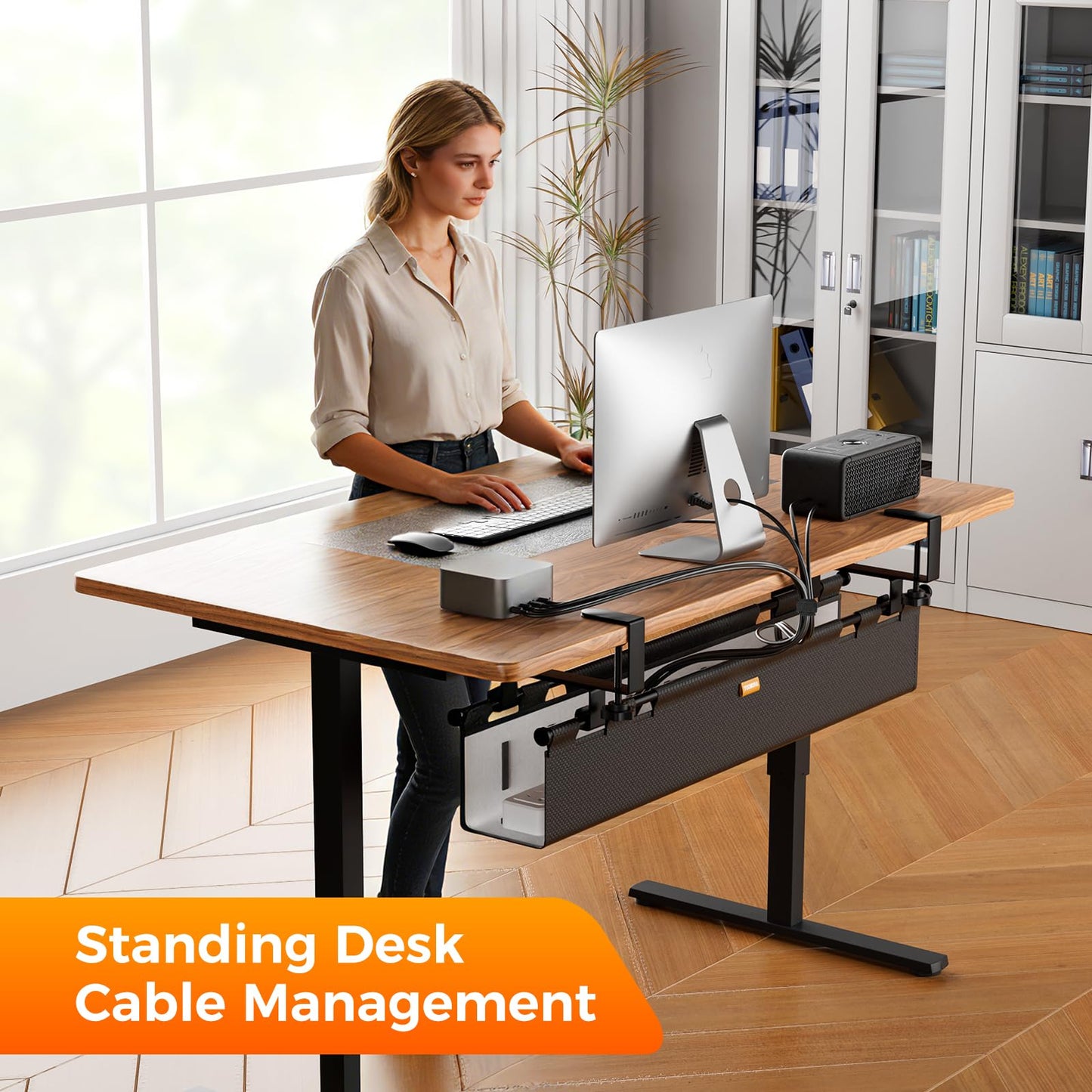 YOOMONA No Drill Cable Management Tray & Under Desk Privacy Panel 2 in 1,Cord Management Under Desk with Clamp/Screw Mount for Home,Office (Black)
