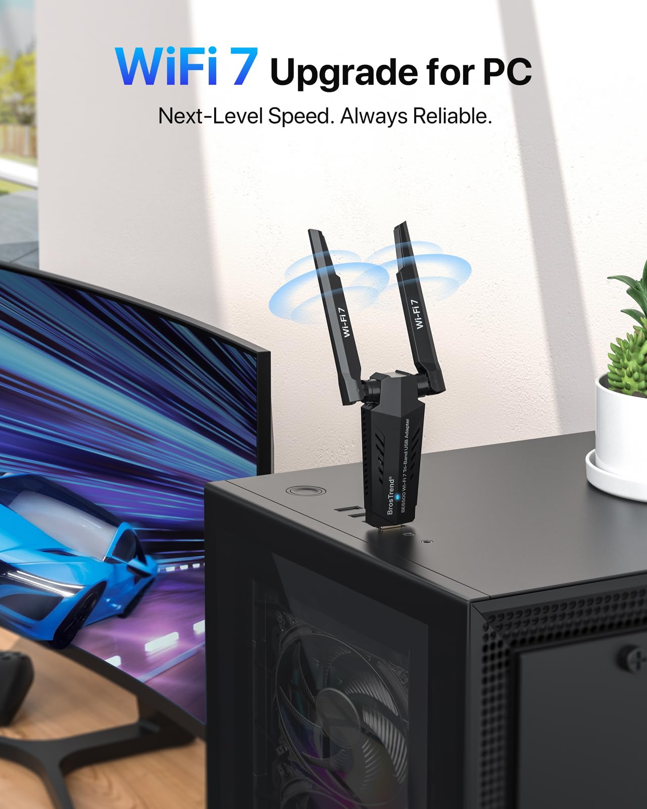 BrosTrend BE6500 WiFi 7 USB WiFi Adapter for PC Desktop Laptop, Long Range Wi-Fi Dongle Stick, Tri-Band 6GHz 2882Mbps + 5GHz 2882Mbps + 2.4G 688Mbps USB Wireless Adapter for Windows 11/10, 4K-QAM WPA3