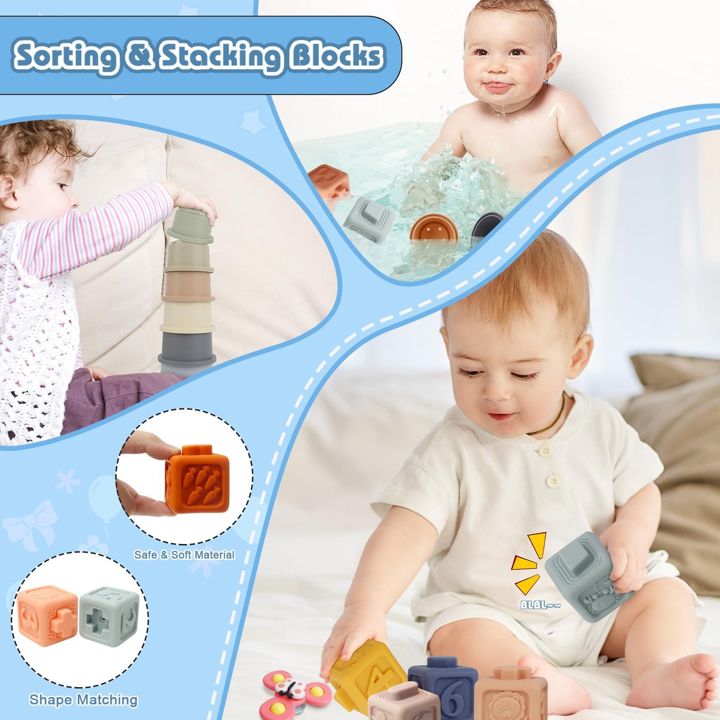 6 in 1 Baby Montessori Toys for 6-12 Months, Montessori Toys for Babies Incl Pull String Toy, Stacking Cups, Tissue Box Toy, Suction Cup Spinner Toys, Stacking Blocks, Activity Cube Gift for Boy Girl