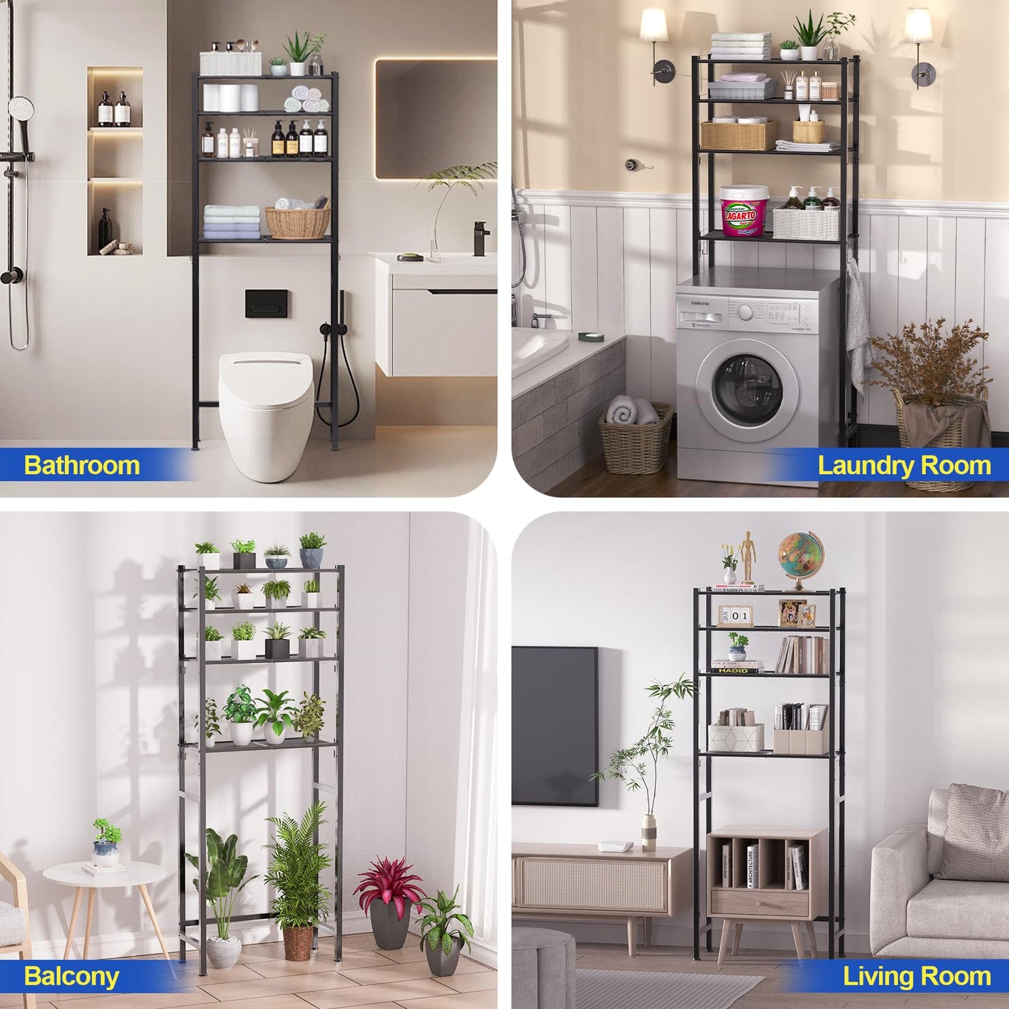 samstar 4 Tier Over The Toilet Storage Rack, Bathroom Organizer Shelves Above Toilet, with Adjustable Height Freestanding Shelf Space Saver, Black