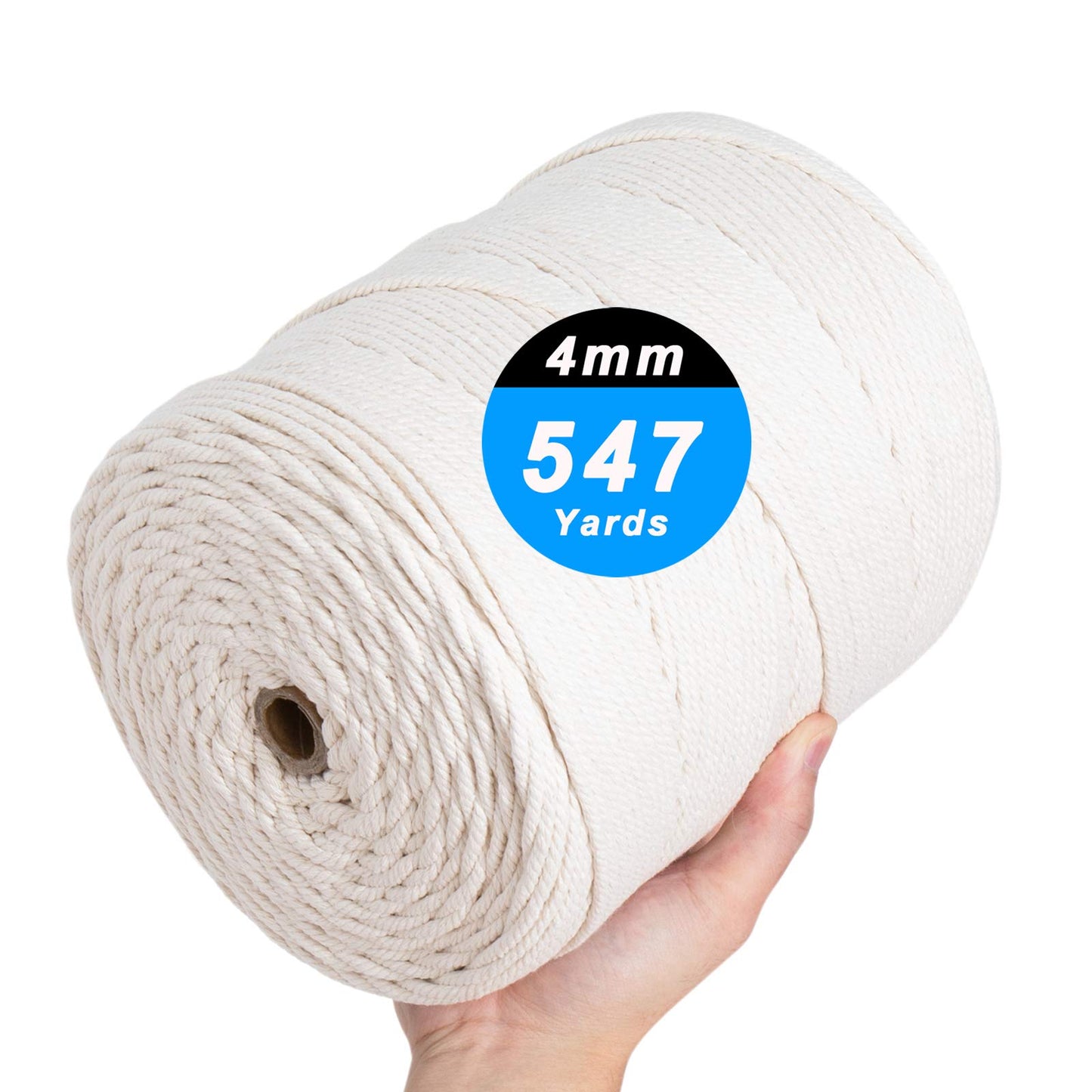 Macrame Cord 4mm x 547Yards, Natural Cotton Macrame Rope - 4 Strands Twisted Macrame Cotton Cord for Wall Hanging, Plant Hangers, Crafts, Gift Wrapping and Wedding Decorations(4mmX500m)