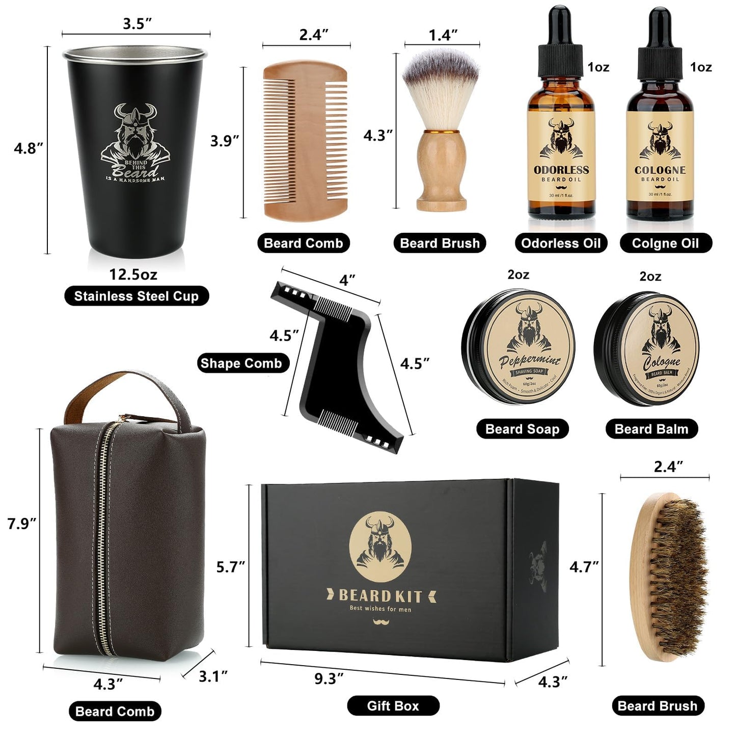 Beard Kit Gifts for Men, Father's Day Birthday Gifts for Him Men Dad Boss Husband, Grooming & Trimming Tool Complete Set, Beard Care Kit with 2 Beard Oil/Balm/Brush/Comb/Shaving Soap/Cup&Storage Bag
